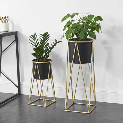 In And OutdoorMatch Bloempot Sarina - Op standaard - Set van 2 - Zwart en Messing - Metaal - Modern design Flowerpot