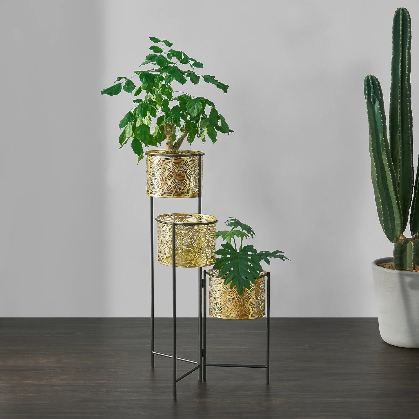 In And OutdoorMatch Bloempot Vincenza - Op Standaard - Zwart en Messing - Metaal - Set van 3 - Opvouwbaar - Modern design Flowerpot