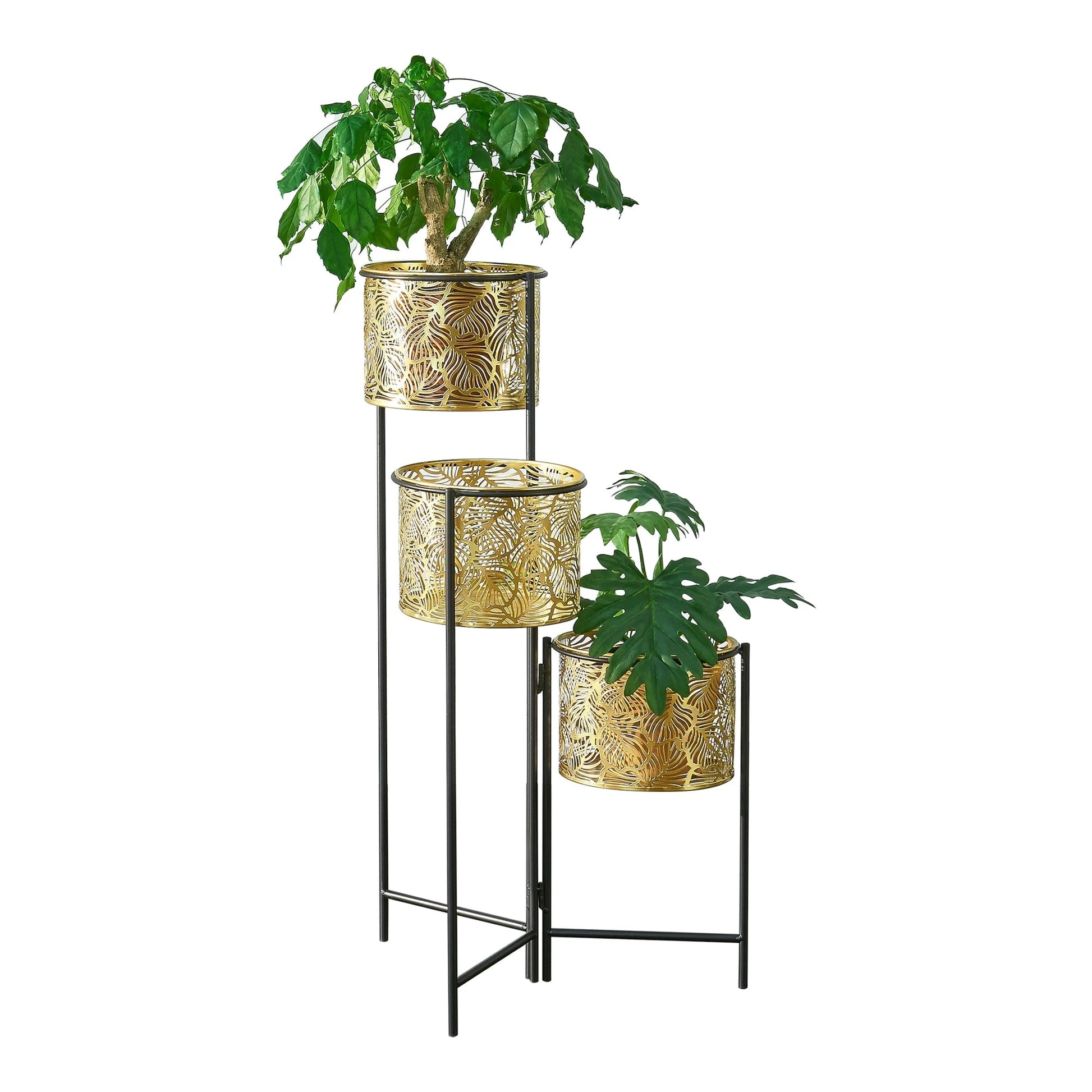 In And OutdoorMatch Bloempot Vincenza - Op Standaard - Zwart en Messing - Metaal - Set van 3 - Opvouwbaar - Modern design Flowerpot