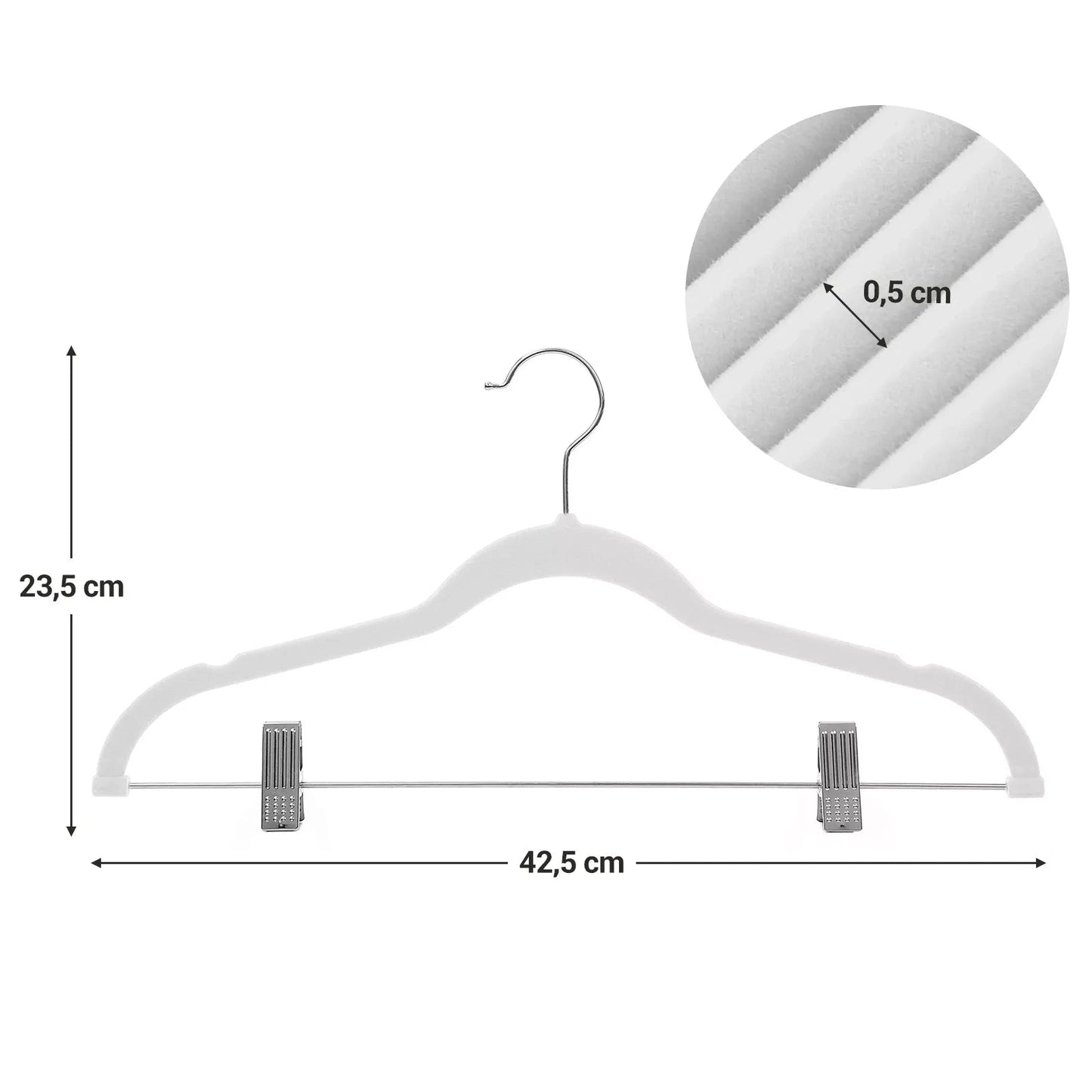 In And OutdoorMatch Broekhangers Carol - Set van 12 - 42,5cm - Fluwelen hangers - met verstelbare clips - Heavy Duty - Antislip - Ruimtebesparend - voor broeken - Rok - Jas - Jurk - Tank - Tops - Wit kledinghanger