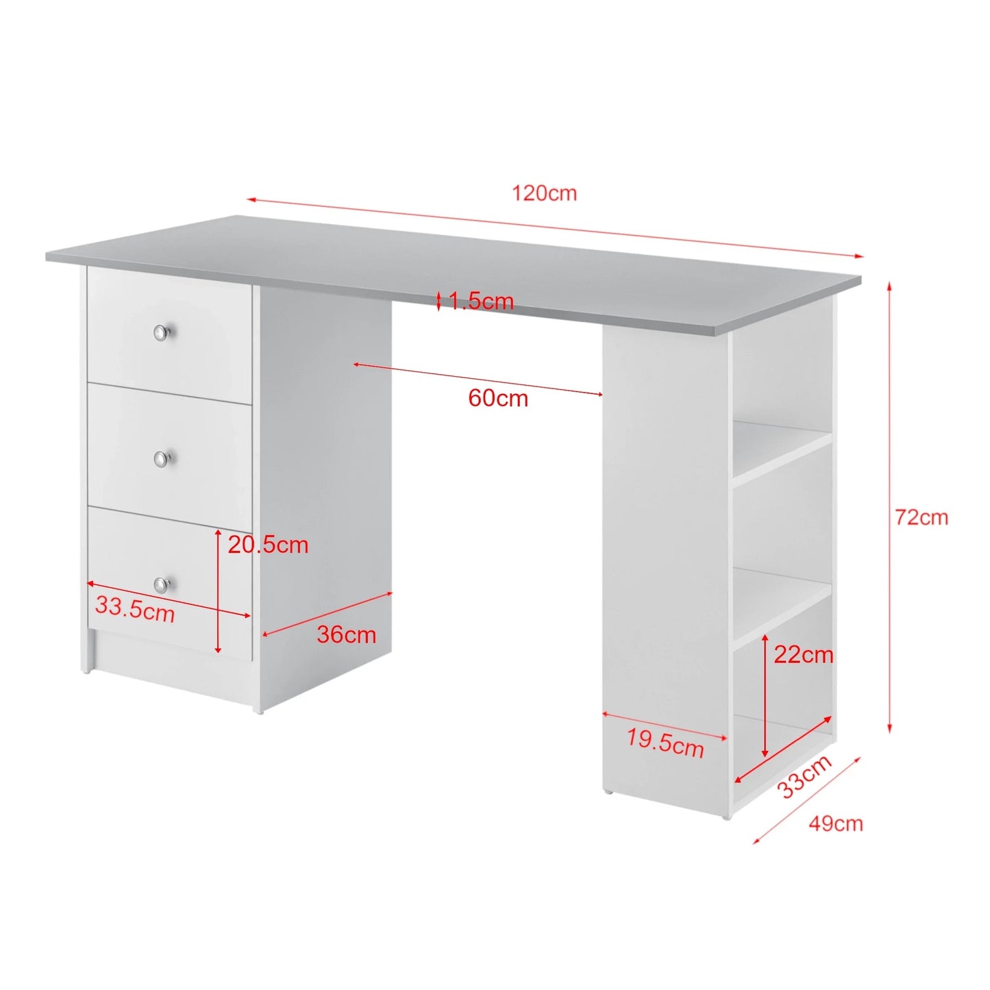 In And OutdoorMatch Bureau Elvera - Met 3 Laden - 120x49x72 cm - Lichtgrijs en Wit - Spaanplaat - Stijlvol design Desk