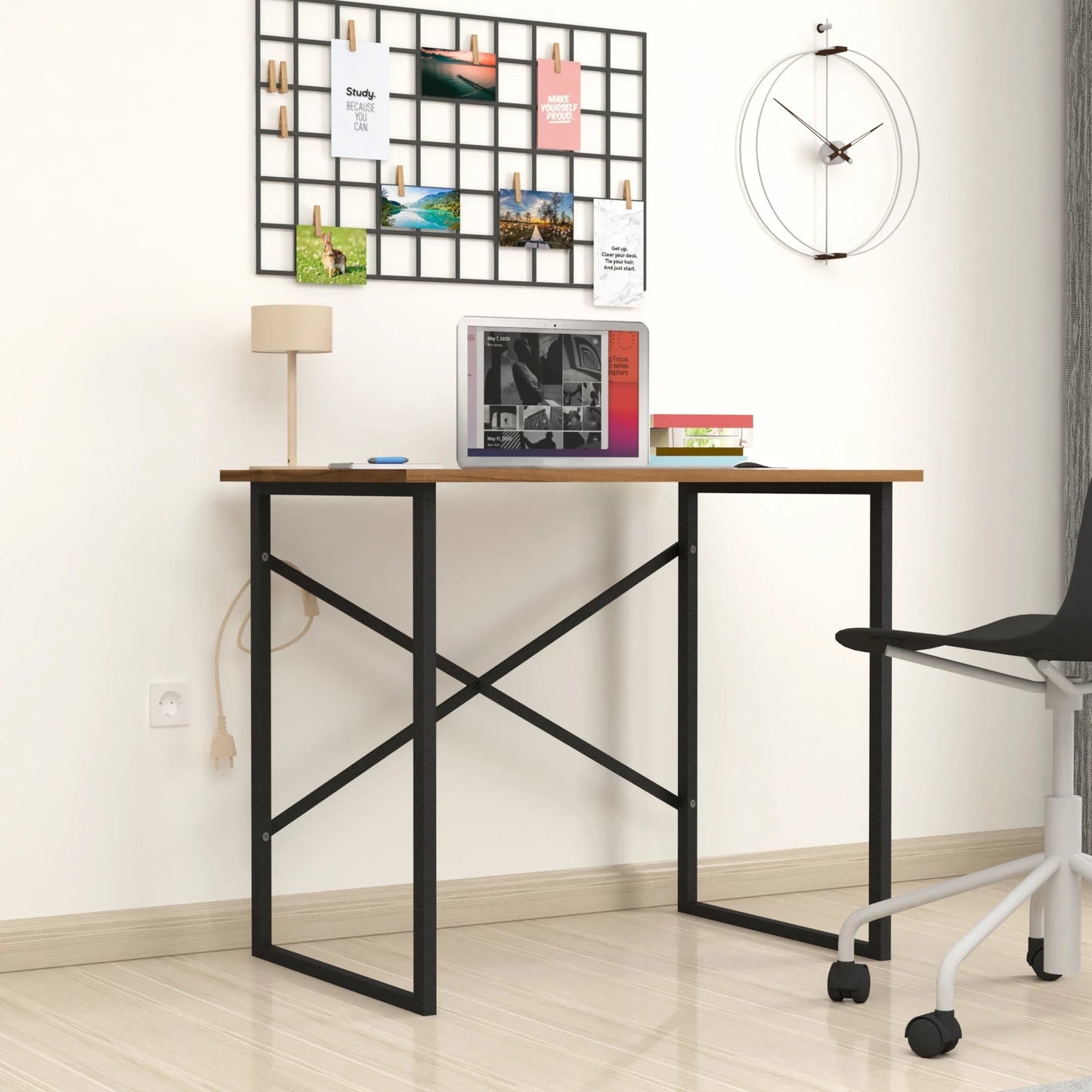 In And OutdoorMatch Bureau Jackson - 75x90x60 cm - Walnootkleurig - Spaanplaat en Metaal - Stabiel Stalen Frame - Modern Design Desk