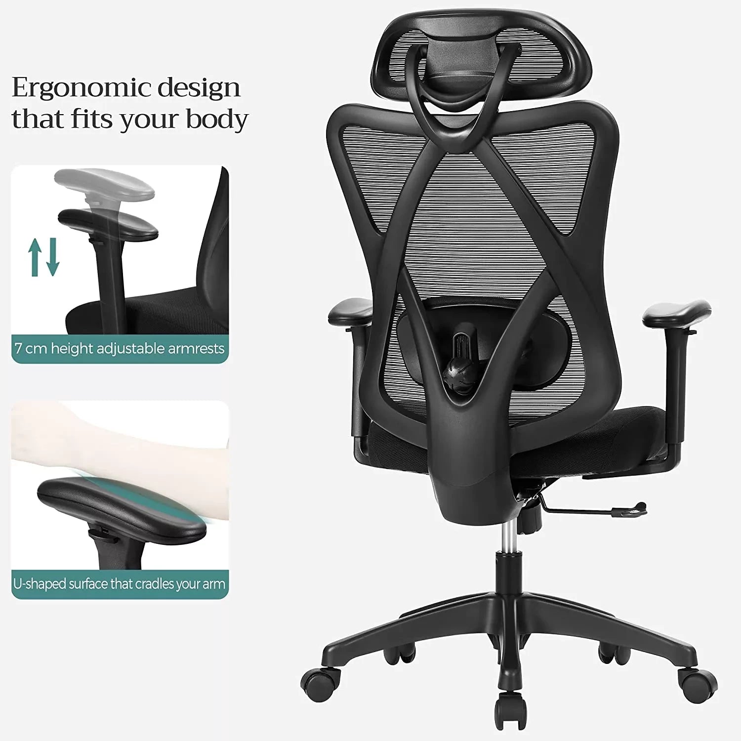 In And OutdoorMatch Bureaustoel Estelle - Ergonomische Bureaustoel - Computerstoel - Mesh Chair - Verstelbare Lendensteun - Hoofdsteun - Draagvermogen tot 150 kg - Hoogte Verstelbaar - Zwart Bureaustoel