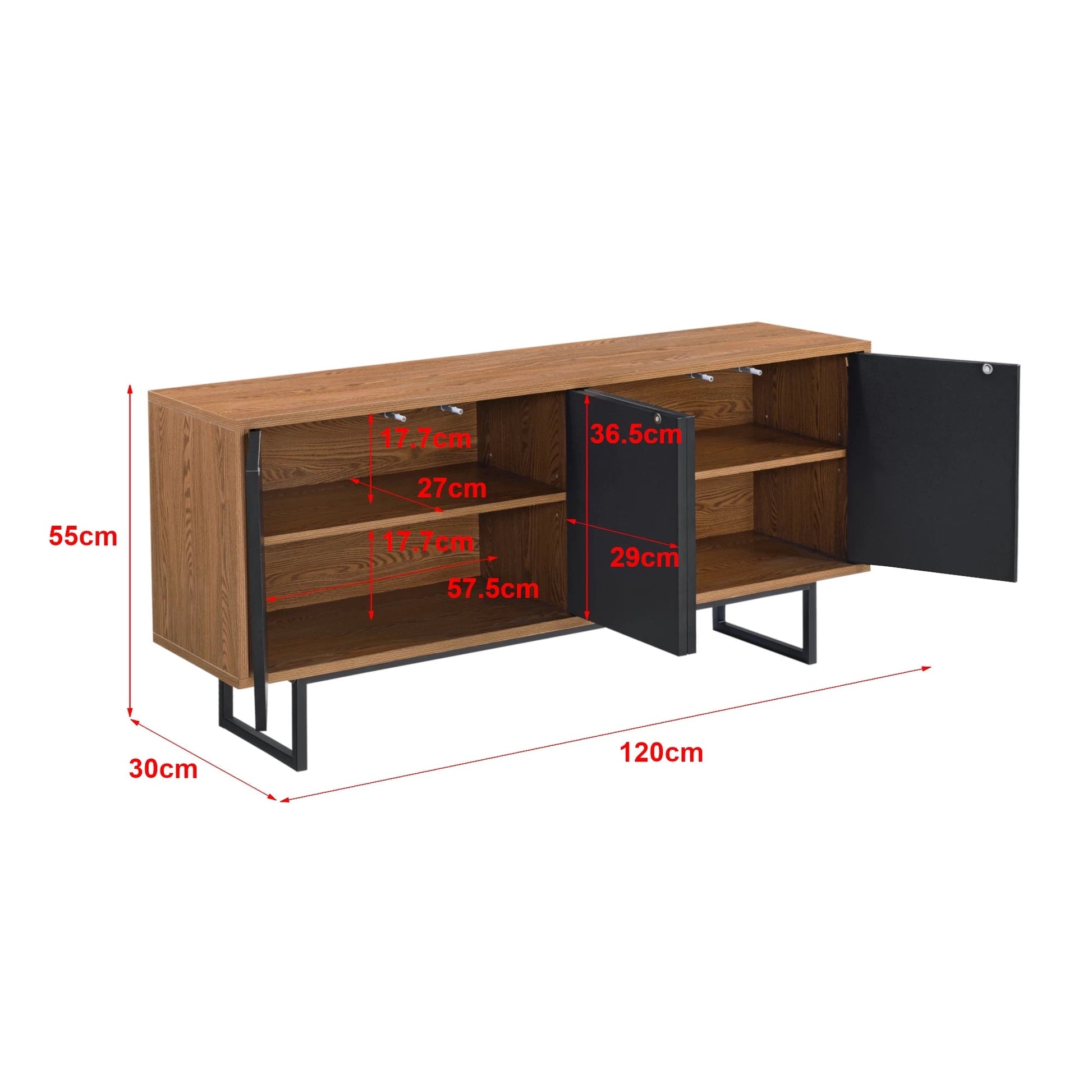 In And OutdoorMatch Commode Benny - Push and Open - 55x120x30 cm - Hout en Zwart - 4 Deuren - Veelzijdig Kast