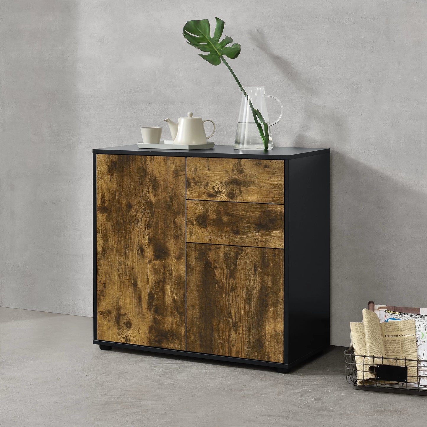 In And OutdoorMatch Commode Drake - Duw en Open - 74x79x36 cm - Zwart en Hout Donker - Spaanplaat - Modern Design Kast