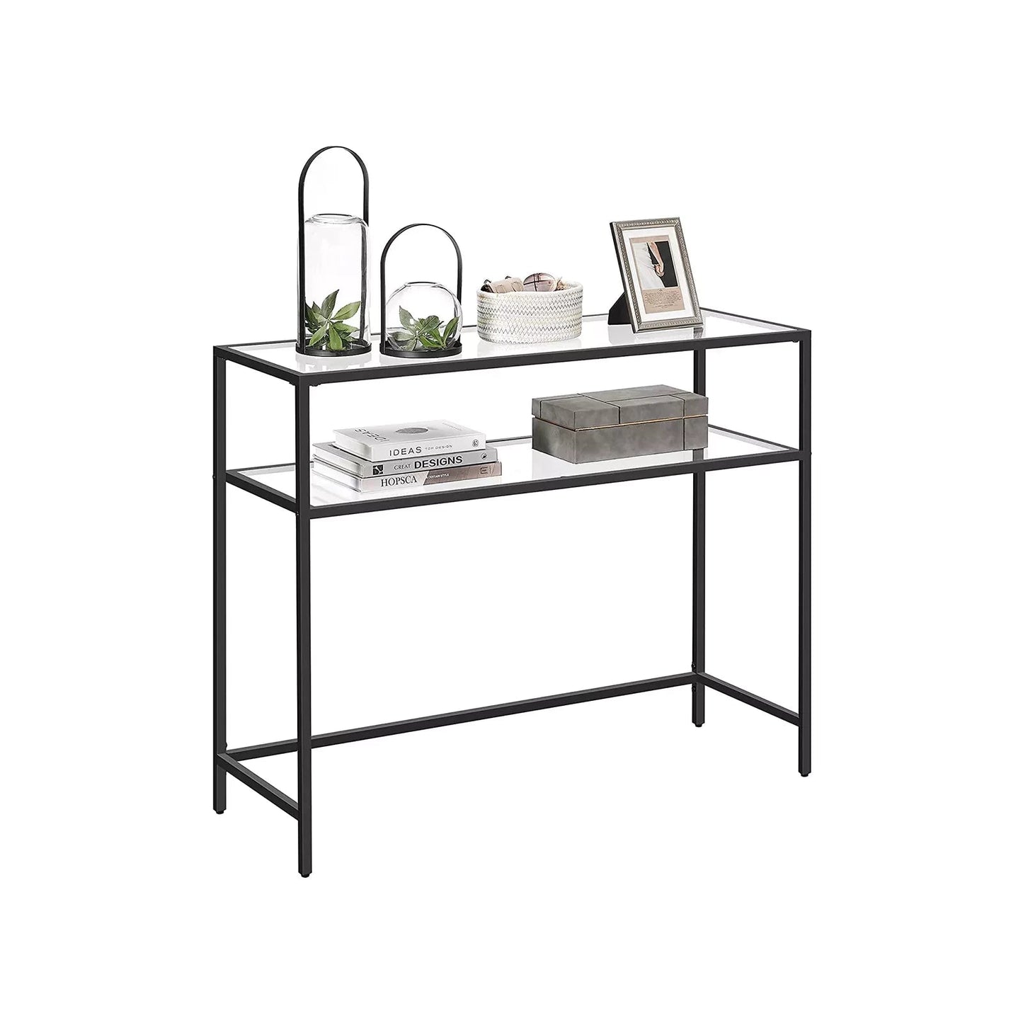 In And OutdoorMatch Console Tafeleinde Permelia - 2 Tier - Gehard Glas - Opbergrek - Metalen Frame - Verstelbare Voeten - Zwart Consoletafel