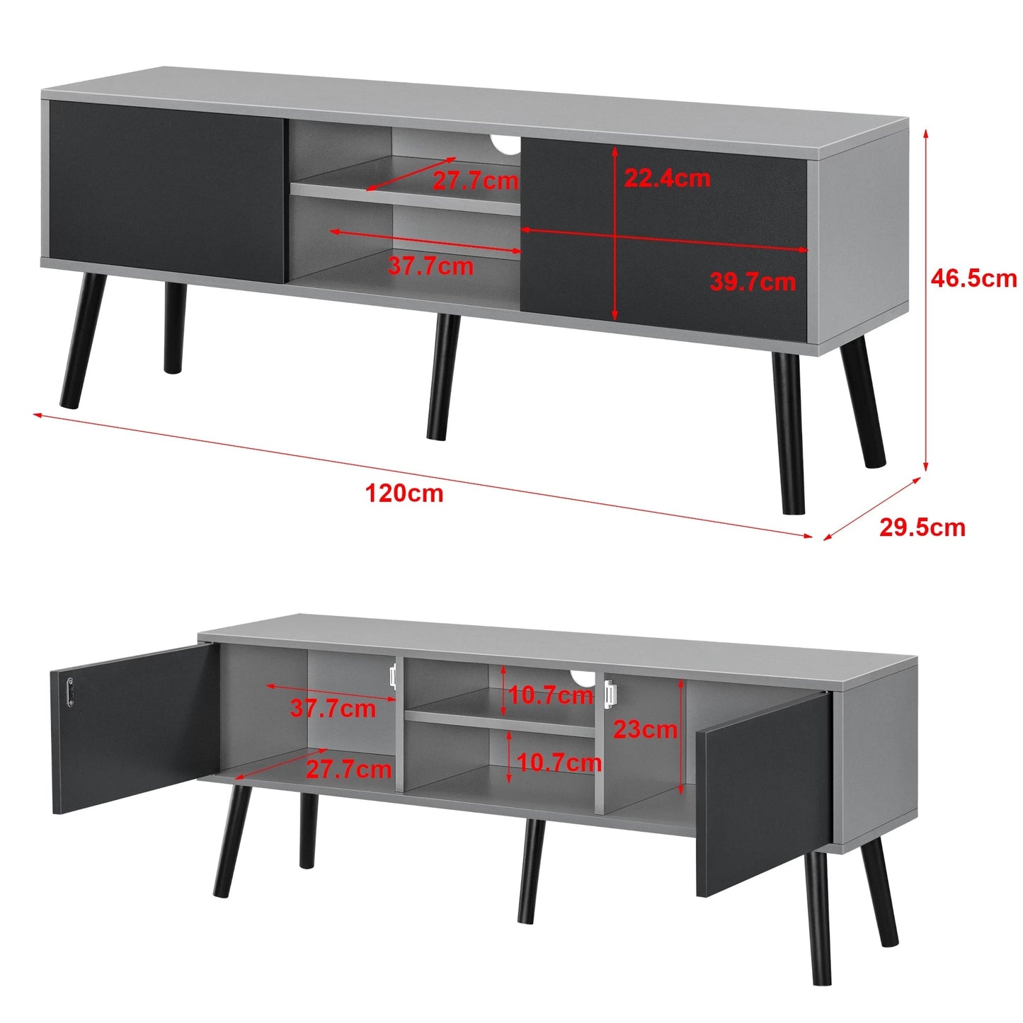 In And OutdoorMatch Delta-meubel Odalys - 120x29,5x46,5 cm - Lichtgrijs en Zwart - Spaanplaat en Hout - Stijlvol design TV cabinet