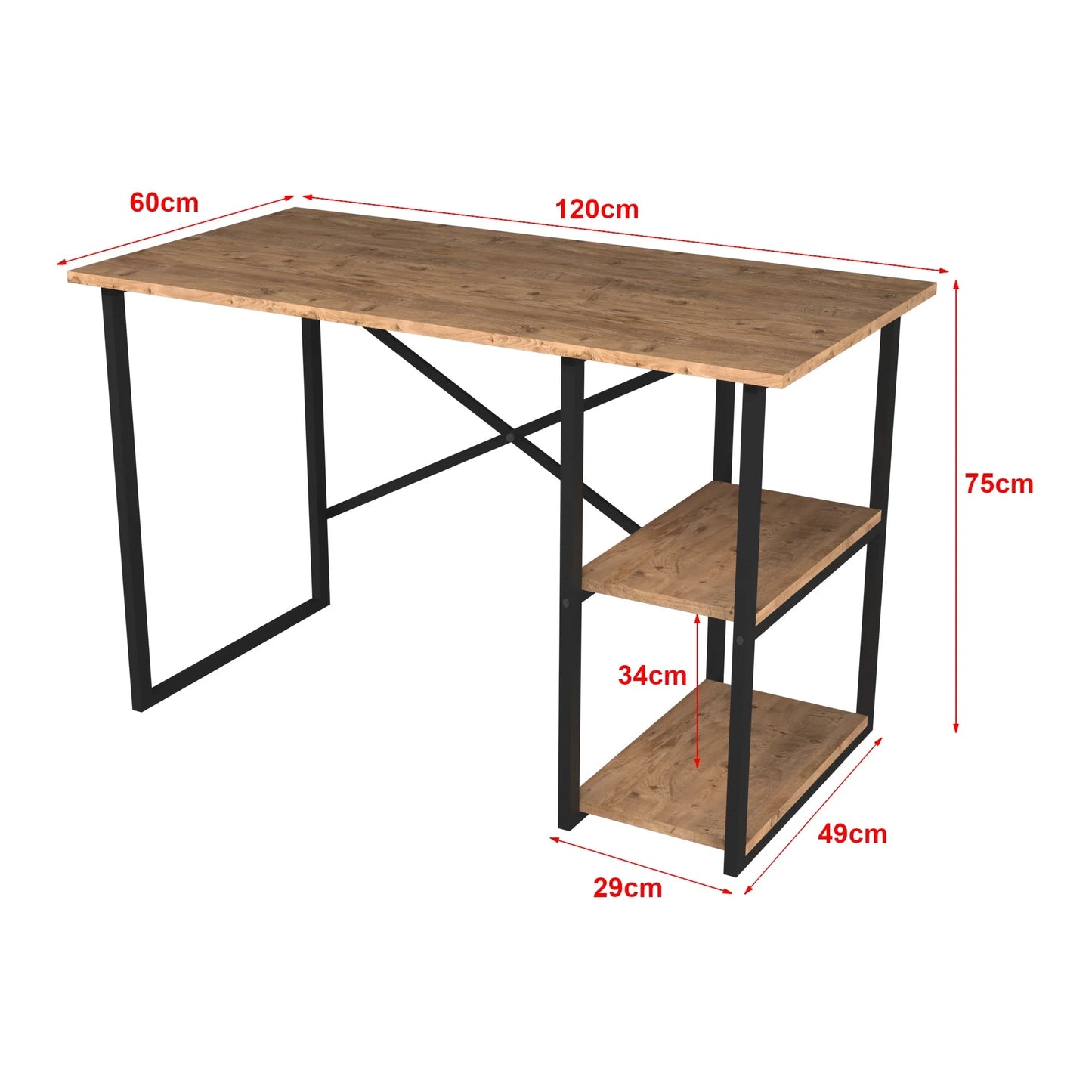 In And OutdoorMatch Desk Dublin - Laptoptafel - 75x120x60 cm - Zwart en Eiken - Spaanplaat en Metaal - Met 2 Planken - Modern Design Desk