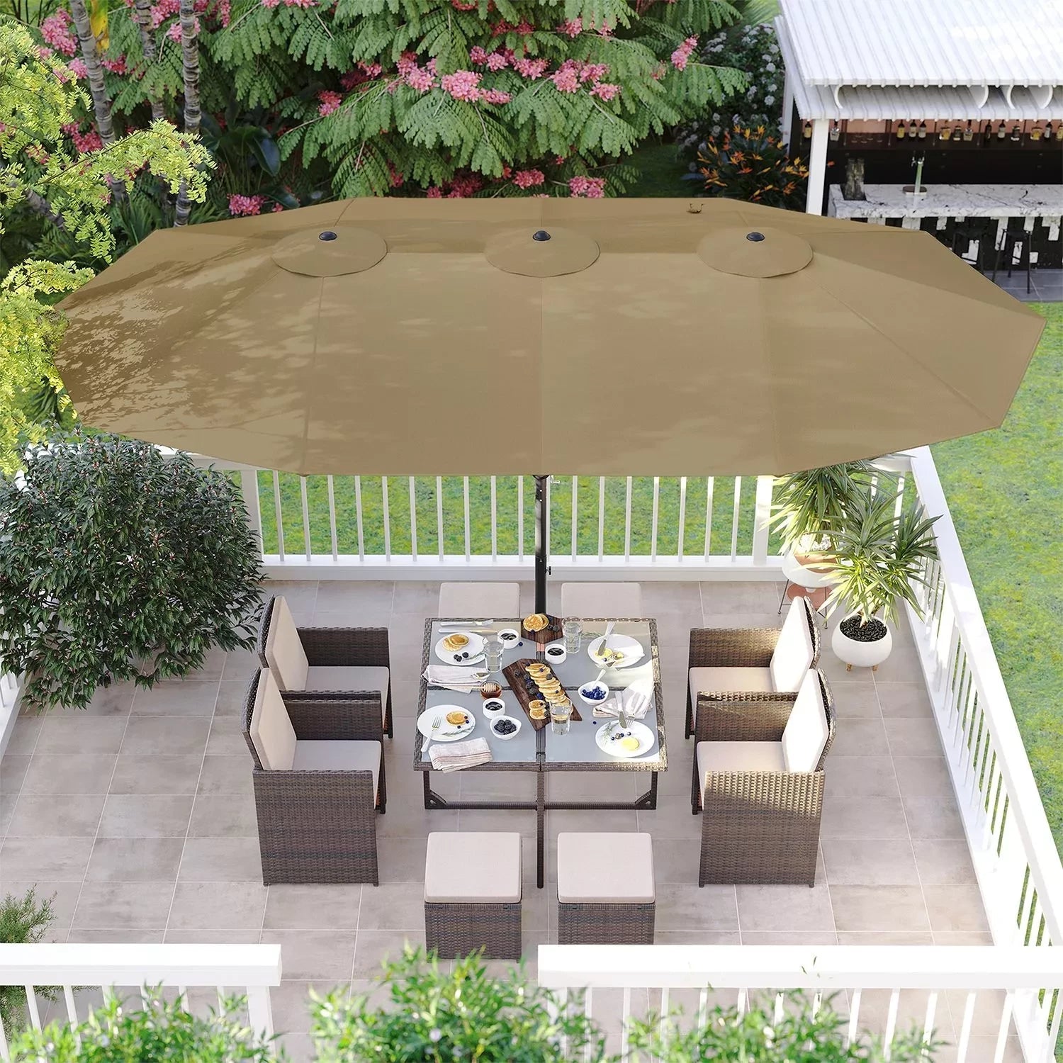 In And OutdoorMatch Dubbele Parasol Ashlynn - 460x270cm - Extra Large - UV-Bescherming tot UPF 50+ - met Zwengel Market - Zonder Standaard - Taupe Sunshade