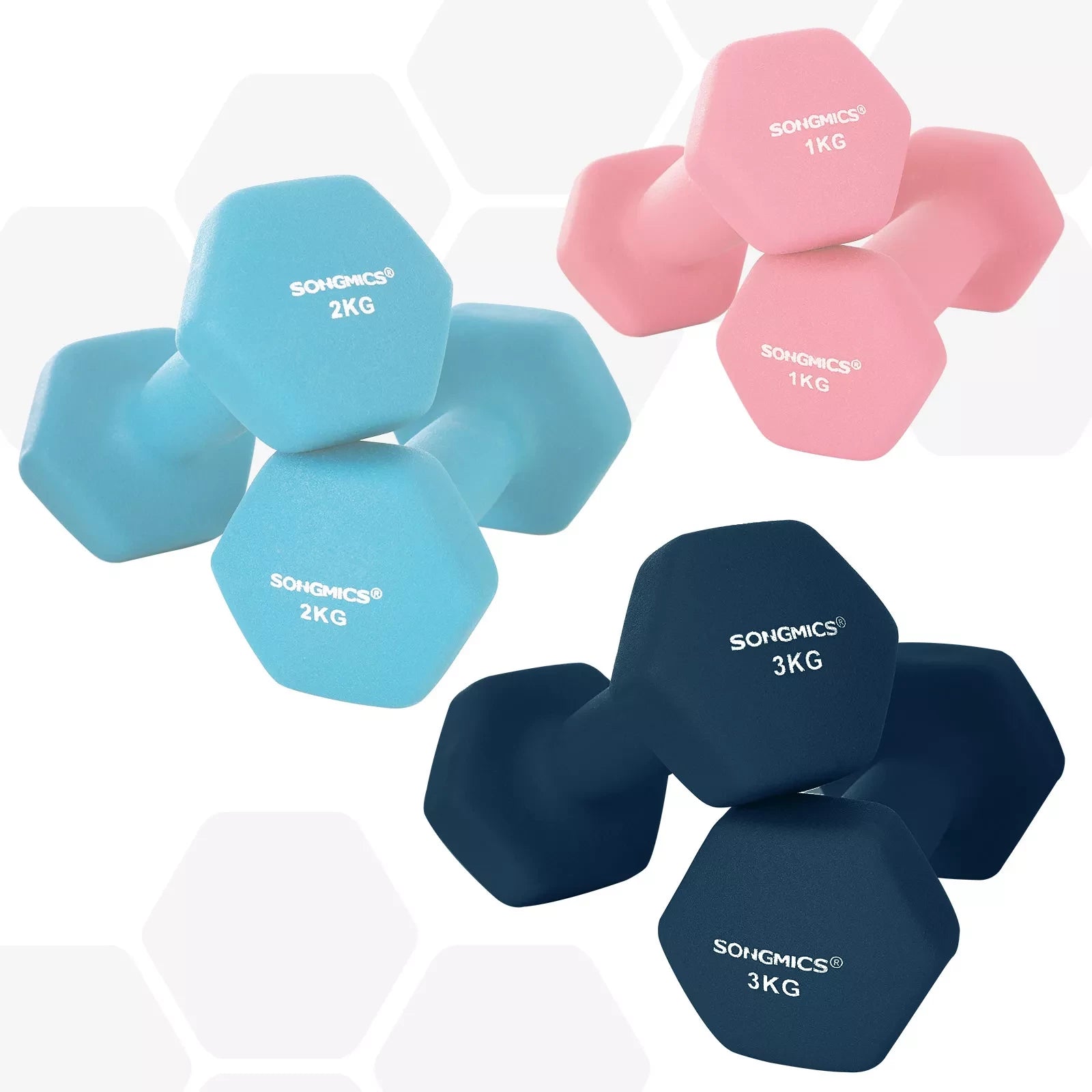 In And OutdoorMatch Dumbbell set Zora - Hexagon - Dumbbell set voor beginners - Gewichten - 2x1kg, 2x2kg, 2x3kg Dumbell set