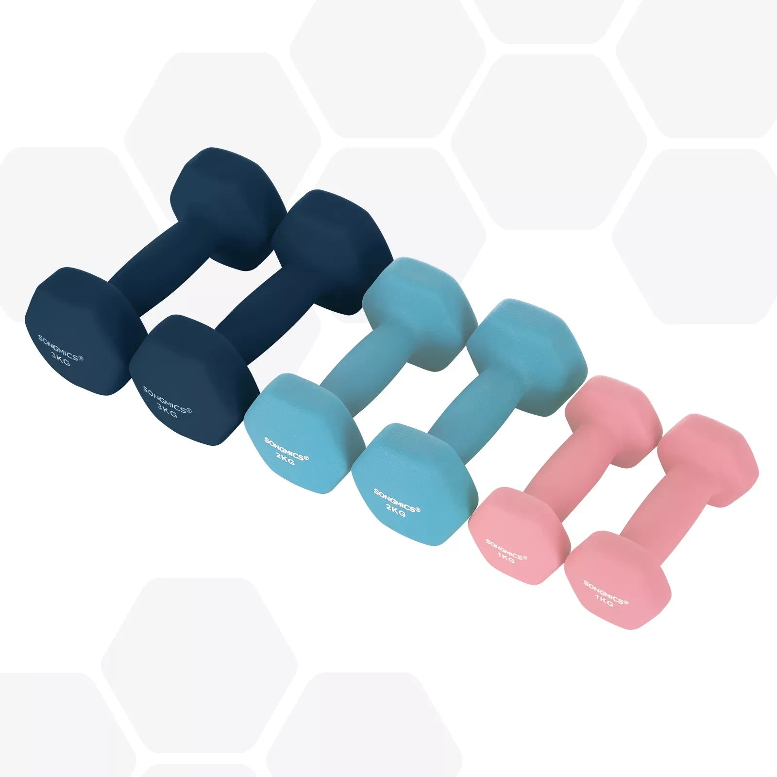 In And OutdoorMatch Dumbbell set Zora - Hexagon - Dumbbell set voor beginners - Gewichten - 2x1kg, 2x2kg, 2x3kg Dumbell set