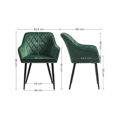 In And OutdoorMatch Eetkamerstoel Queenie - Fauteuil - Met Armleuningen - Zitbreedte 49 cm - Metalen poten - Fluwelen bekleding - Draagvermogen tot 110 kg - Groen Eetkamerstoel