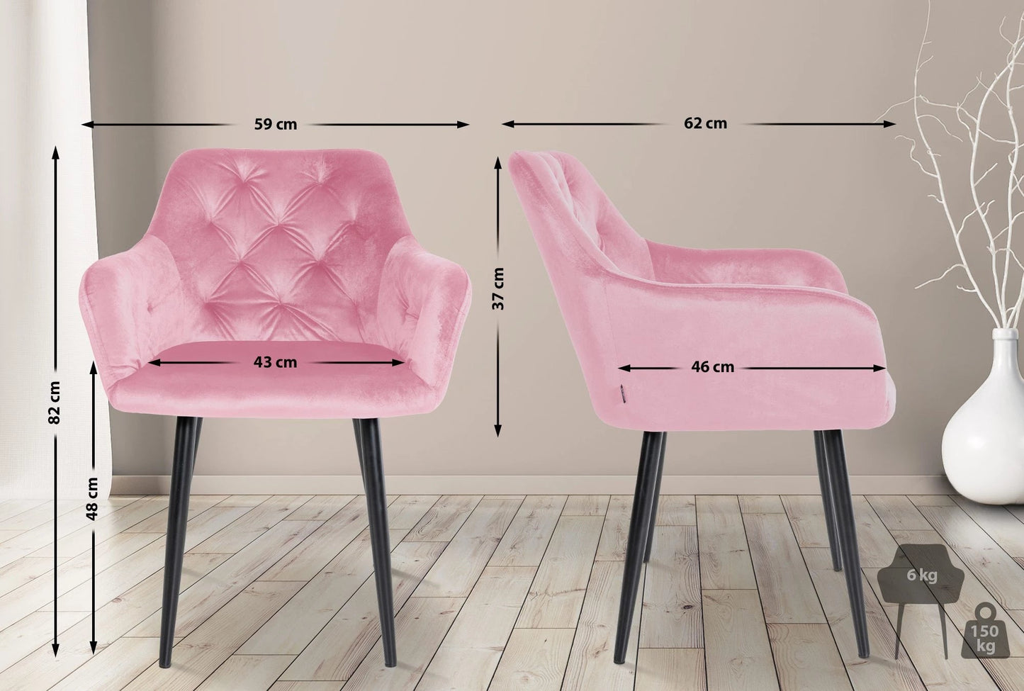 In And OutdoorMatch Eetkamerstoelen Alaya - Roze - Set van 2 - Fluweel - Hoogwaardige bekleding - Stijlvolle eetkamerstoelen - Luxe uitstraling Eetkamerstoel