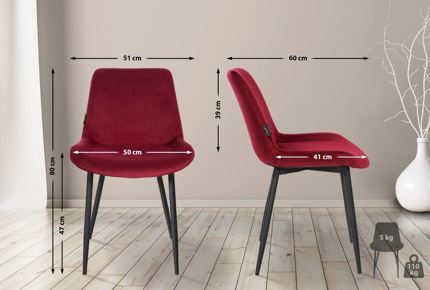 In And OutdoorMatch Eetkamerstoelen Bella - Rood - Set van 2 - Fluweel - Hoge kwaliteit bekleding - Stijlvolle eetkamerstoelen - Luxe uitstraling Eetkamerstoel