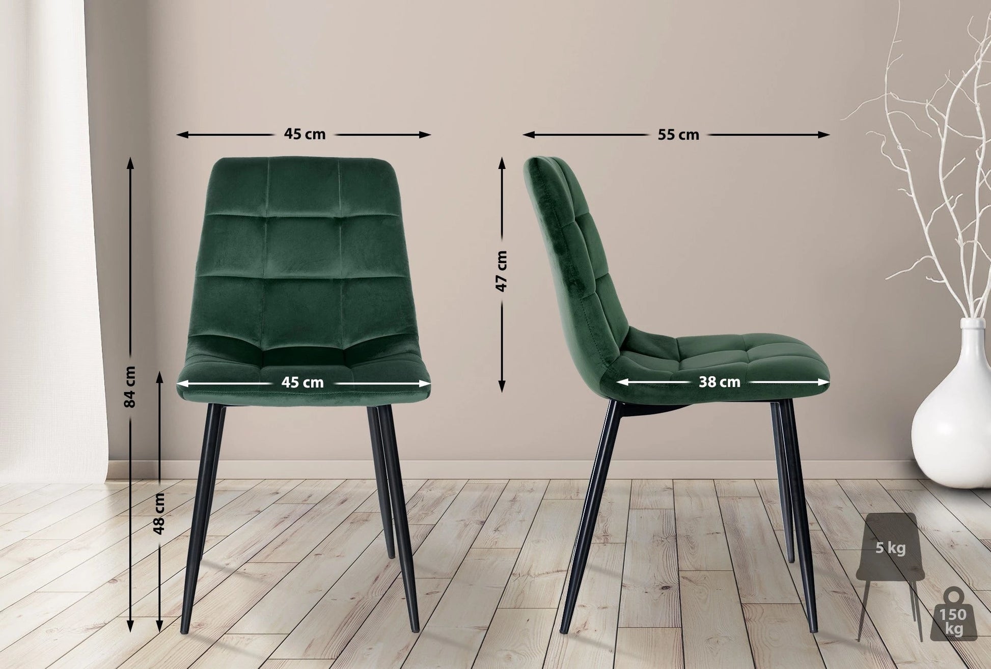 In And OutdoorMatch Eetkamerstoelen Kaeton - Groen - Set van 4 - Fluweel - Hoogwaardige bekleding - Stijlvolle eetkamerstoelen - Luxe uitstraling Eetkamerstoel