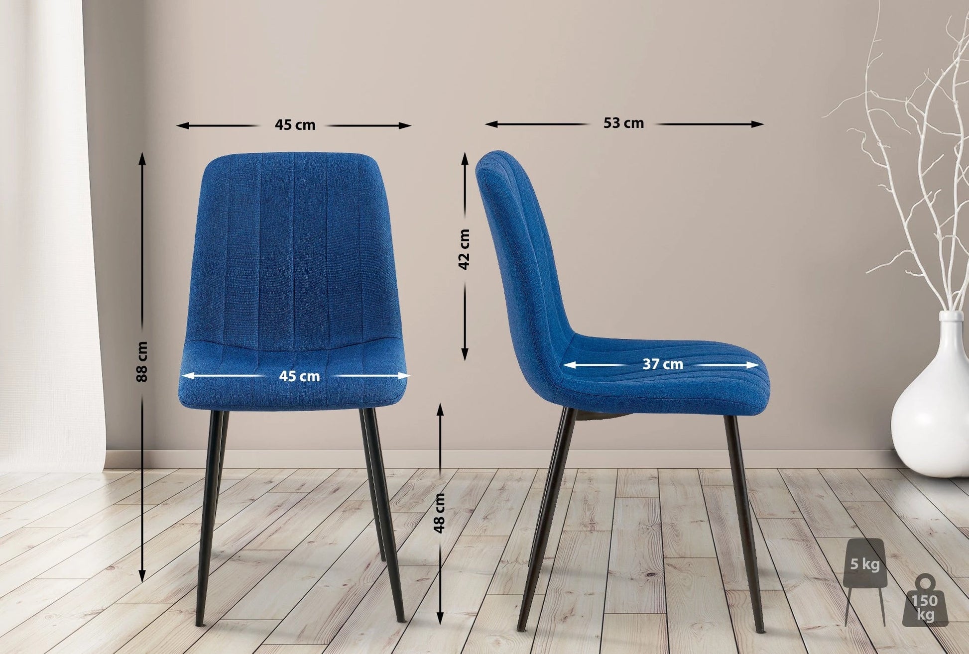 In And OutdoorMatch Eetkamerstoelen Madeline - Blauw - Set van 4 - Stof - Hoge kwaliteit bekleding - Decoratieve eetkamerstoel - Stabiel metalen frame Eetkamerstoel