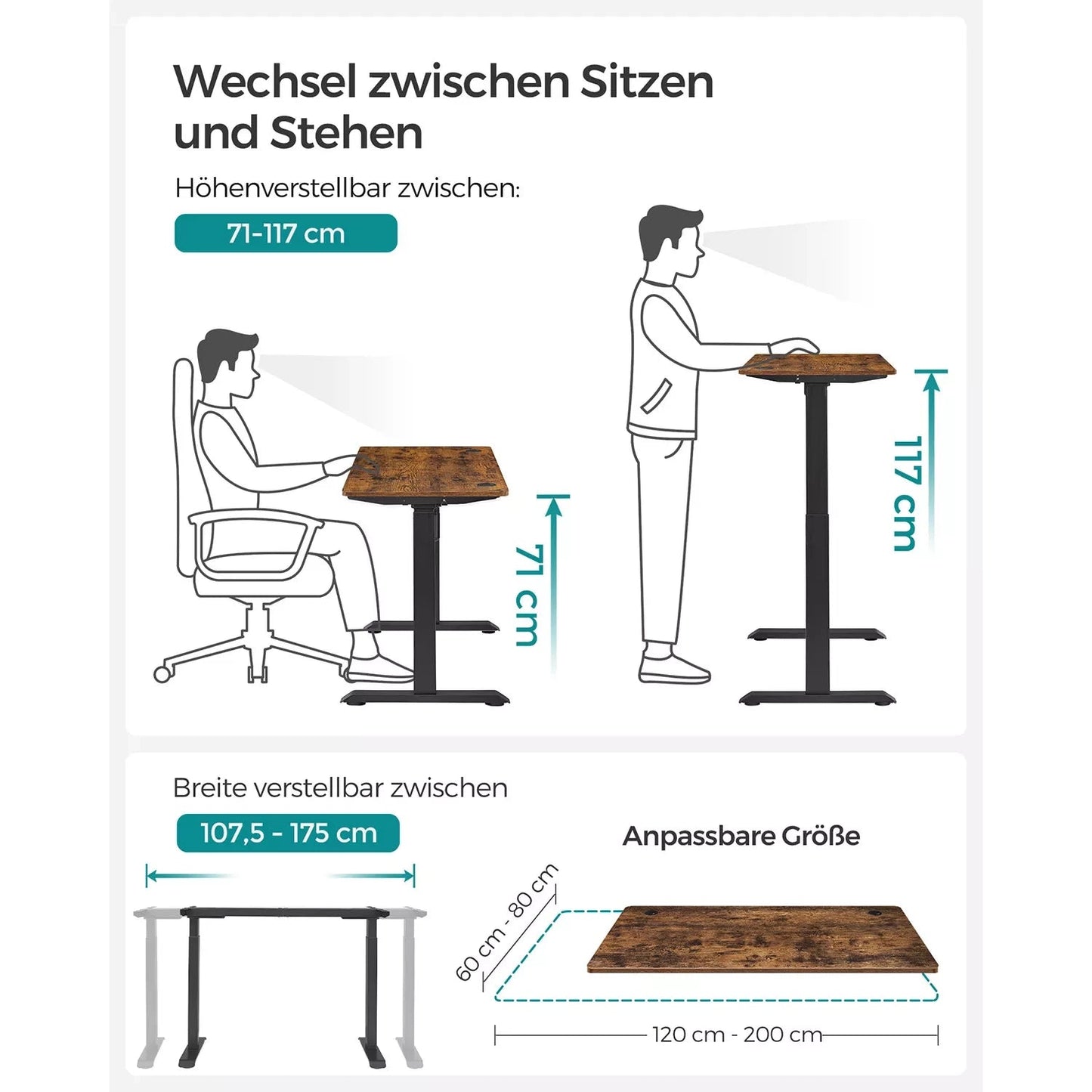 In And OutdoorMatch Elektrisch zit-sta bureau Nida - Industrieel - Geheugenfunctie met 4 hoogtes - Hoogte verstelbaar 71-117cm - 120kg draagvermogen - 60x120cm Desk