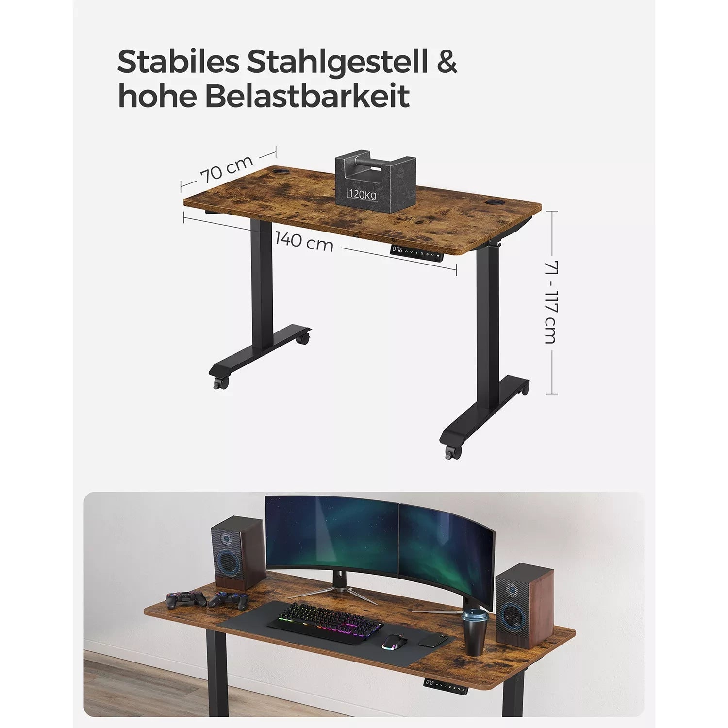 In And OutdoorMatch Elektrisch zit-sta bureau Nola - Geheugenfunctie - Hoogte verstelbaar 71-117cm - Industrieel - 150kg draagvermogen - 70x140cm Desk