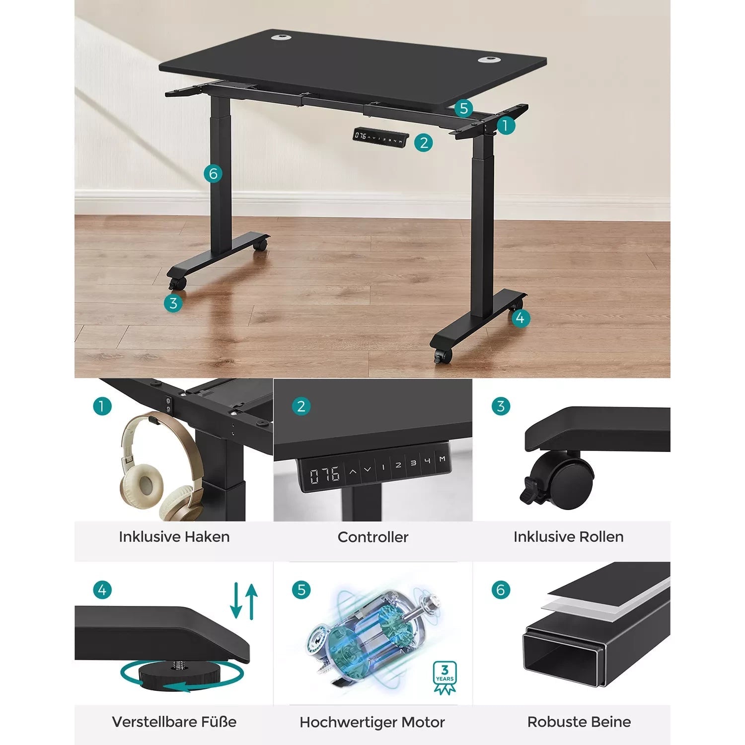 In And OutdoorMatch Elektrisch zit-sta bureau Vilo - Geheugenfunctie met 4 hoogtes - Hoogte verstelbaar 71-117cm - Zwart - 120kg draagvermogen - 60x120cm Desk