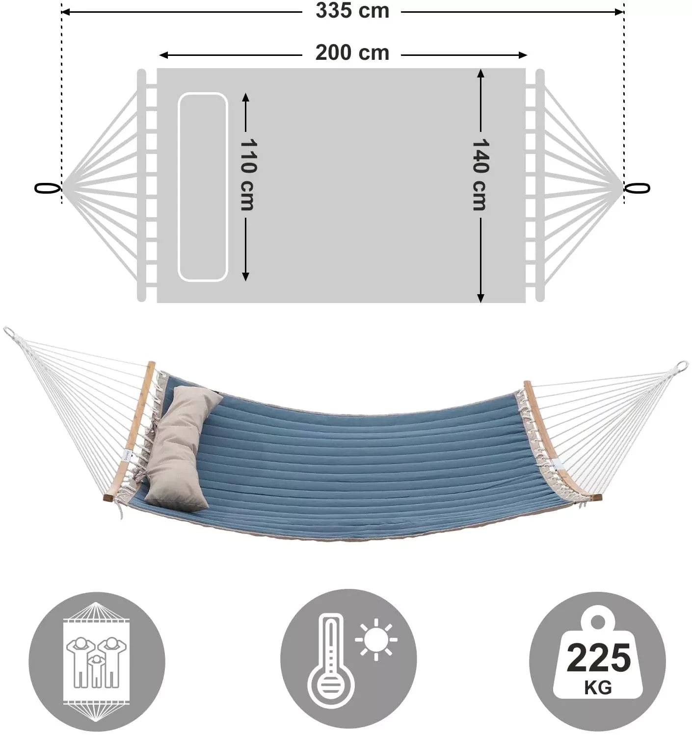 In And OutdoorMatch Hangmat Christiana - voor 2 personen - Gewatteerd - Met kussen - Oxford stof - 200x140x335 cm - maximale belasting 225 kg - Blauw Hangmat