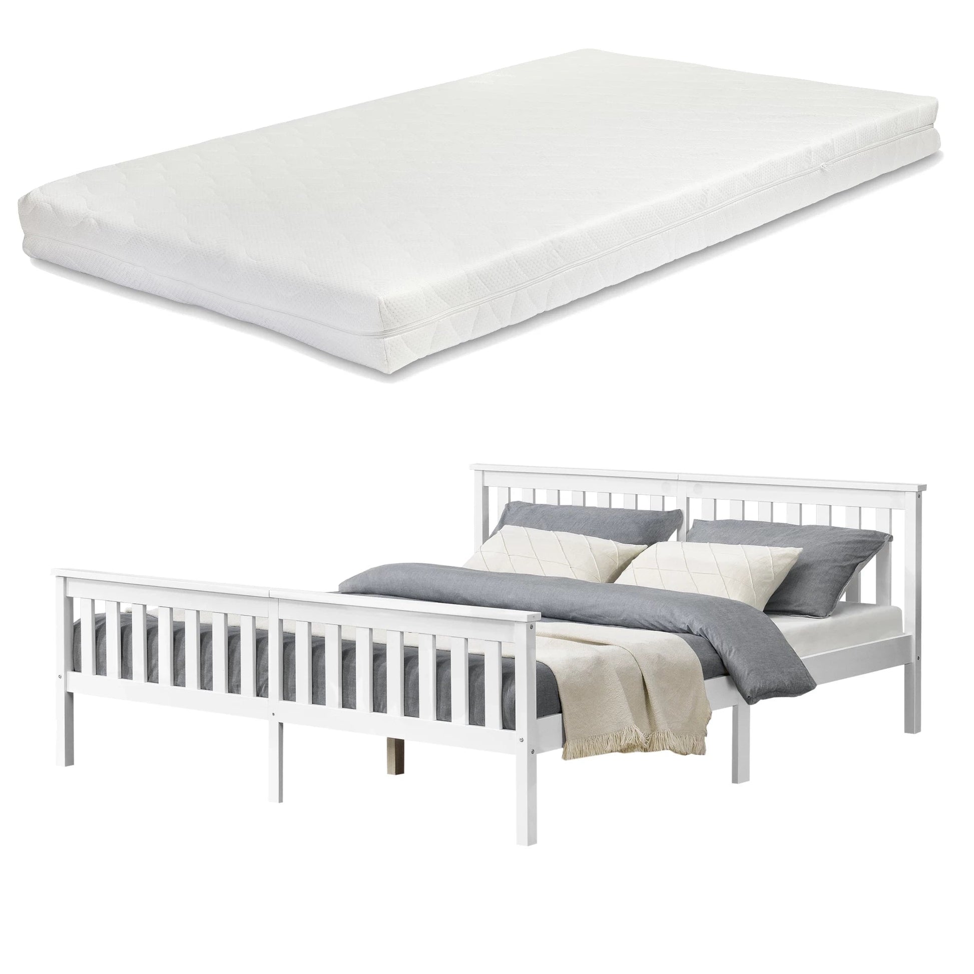 In And OutdoorMatch Houten Bed Craig - Met Bedbodem en Matras - 180x200 cm - Wit - Made in the EU - Slijtvast bed twee personen