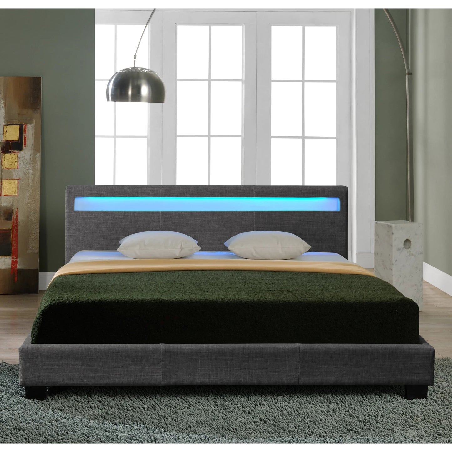 In And OutdoorMatch Houten Bed Skylar - Stof - LED verlichting Bedbodem - 180x200 - Donkergrijs - Modern Design bed twee personen