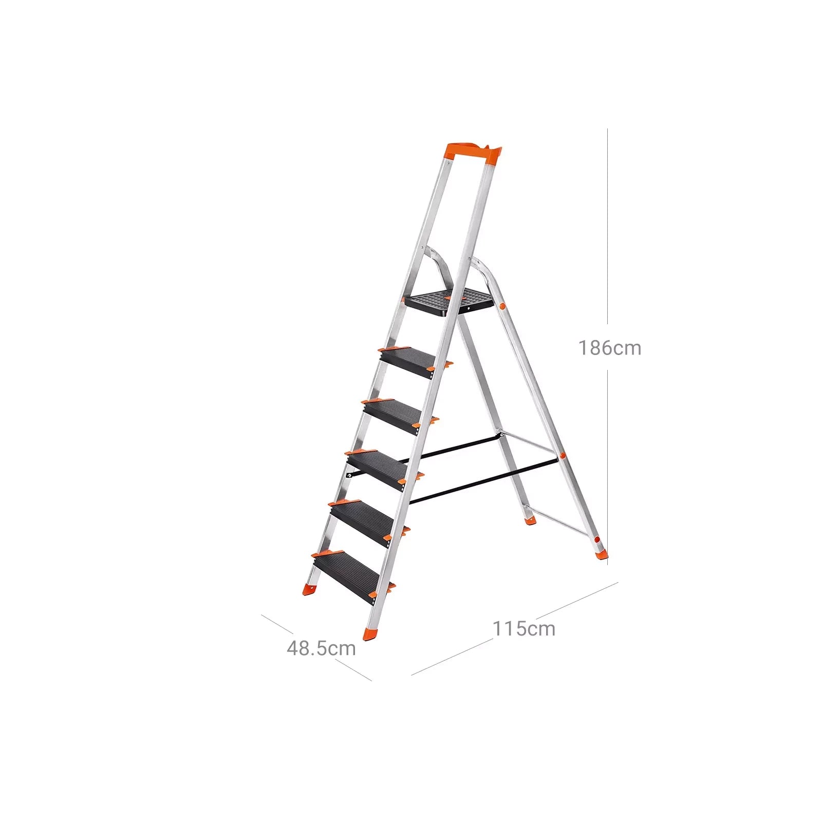 In And OutdoorMatch Huishoudtrap PRO 6 treden Becky - Keukentrap Opvouwbaar - 48,5x12x202cm - Zilver-Antislip - 150kg Ladder