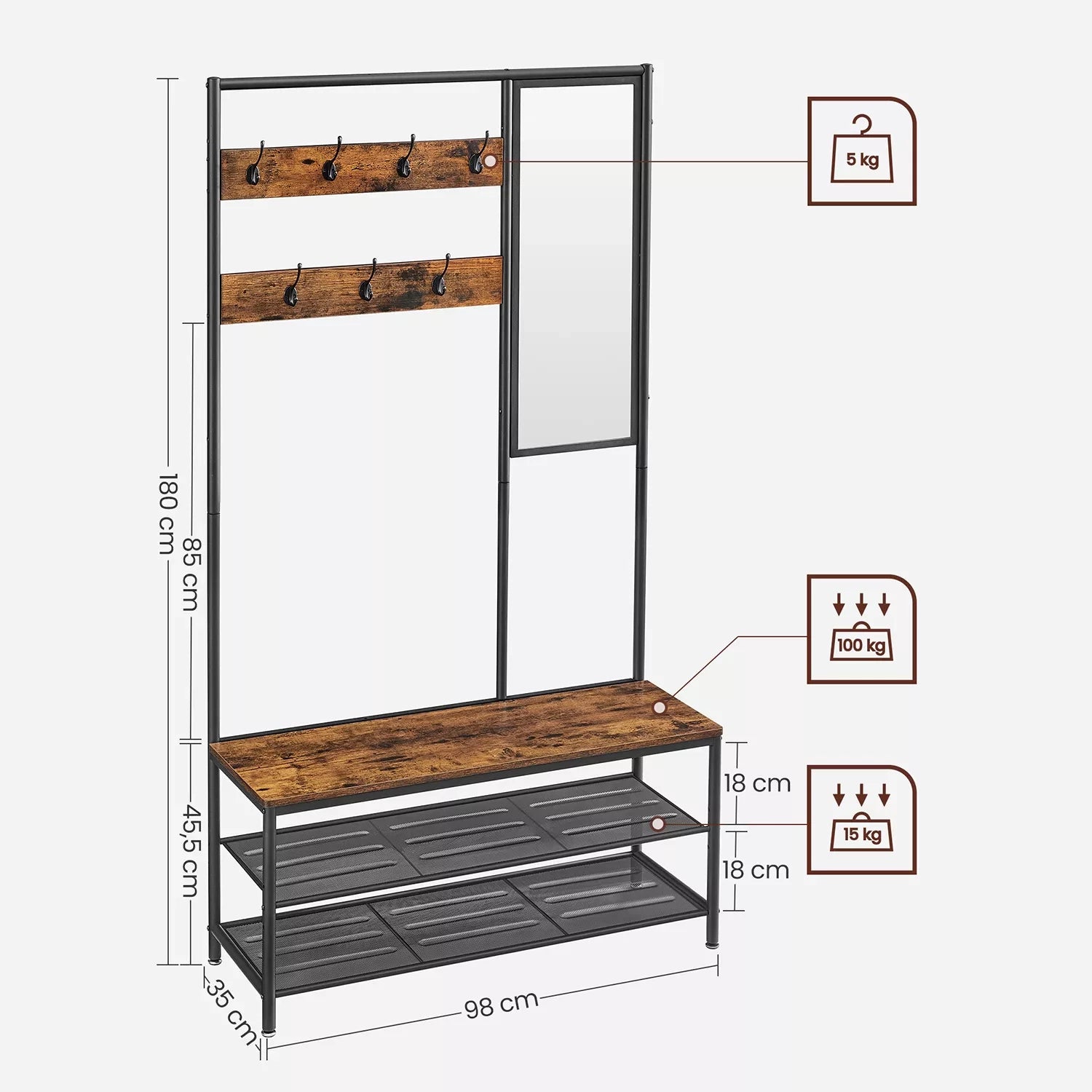 In And OutdoorMatch Kapstok industrieel Alysson - Met schoenenrek en spiegel - Wandkapstok - Industrieel - Met plank - Hoedenplank - 35x98x180cm Kledingrek