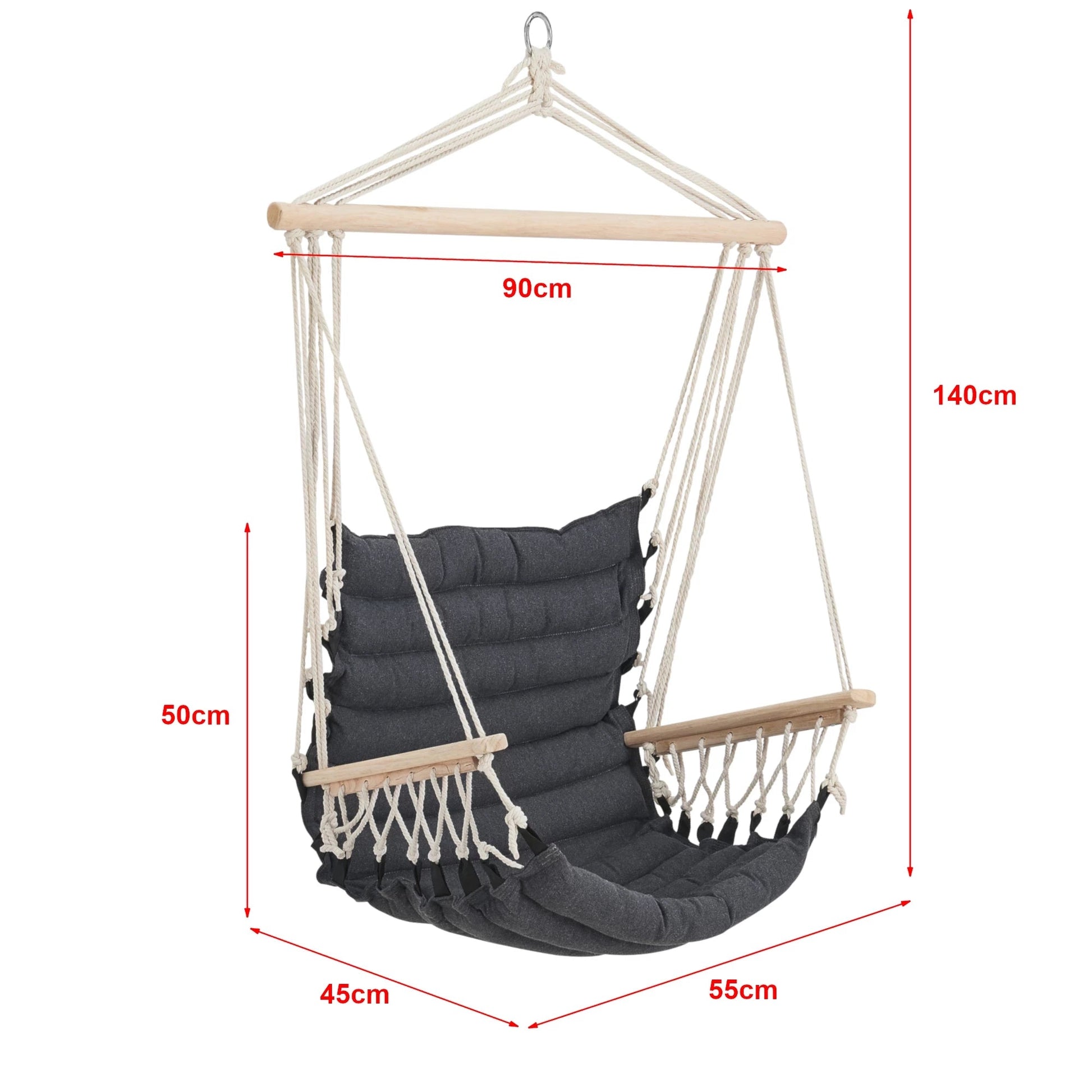 In And OutdoorMatch Katoenen Hangstoel Ricardo - Max 100 kg - Donkergrijs - Stof en Massief Hout - Modern design Hangmat