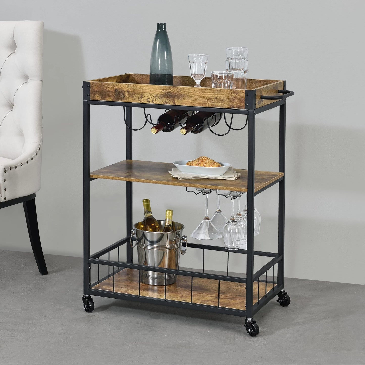 In And OutdoorMatch Keukentrolley Ciara - Met Wijnrek en Wijnglashouder - 89.5x67x40 cm - Donker Houtkleurig en Zwart - Spaanplaat Keuken Trolley