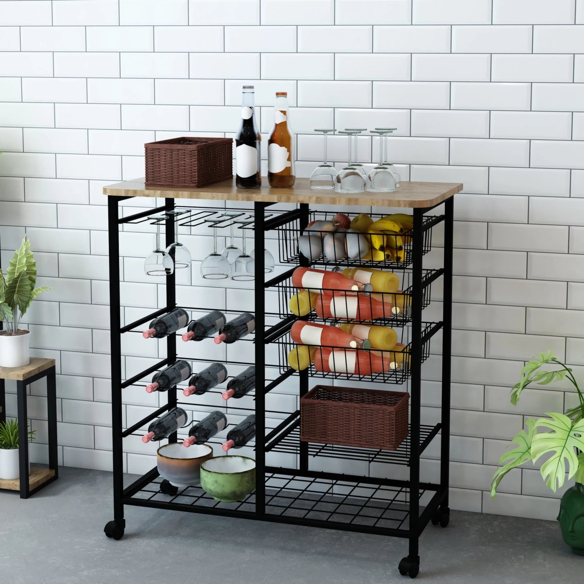 In And OutdoorMatch Keukentrolley Jair - 92x90x42,5 cm - Zwart en Houtkleurig - Metaal - Spaanplaat - Kunststof Keuken Trolley