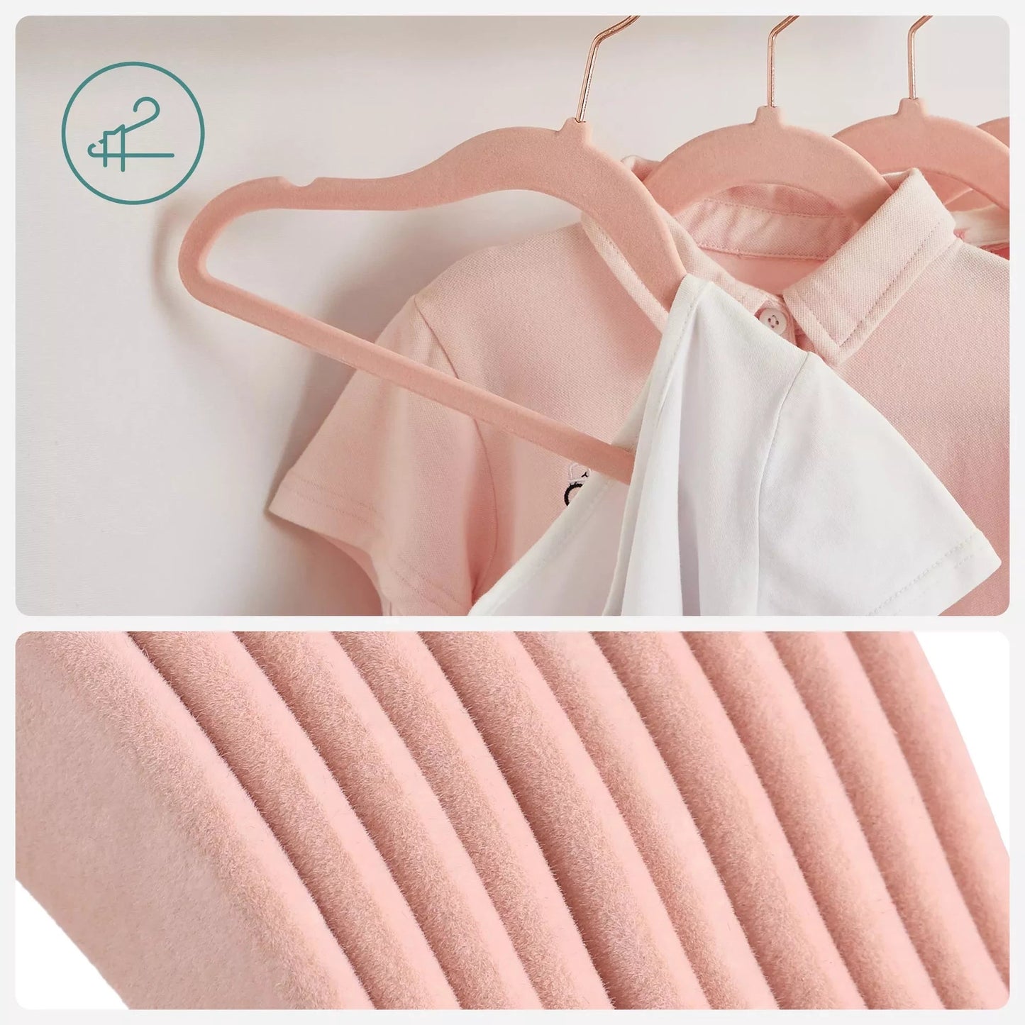 In And OutdoorMatch Kids Fluwelen Kleerhanger Vena - 50 Stuks - Antislip Kleerhanger - Roségouden Draaihaak - Ruimtebesparend - 30x5x20,5cm - voor Kinderjasje - Shirt - Rok - Babykleding - Broek - Stropdas - Lichtroze kledinghanger