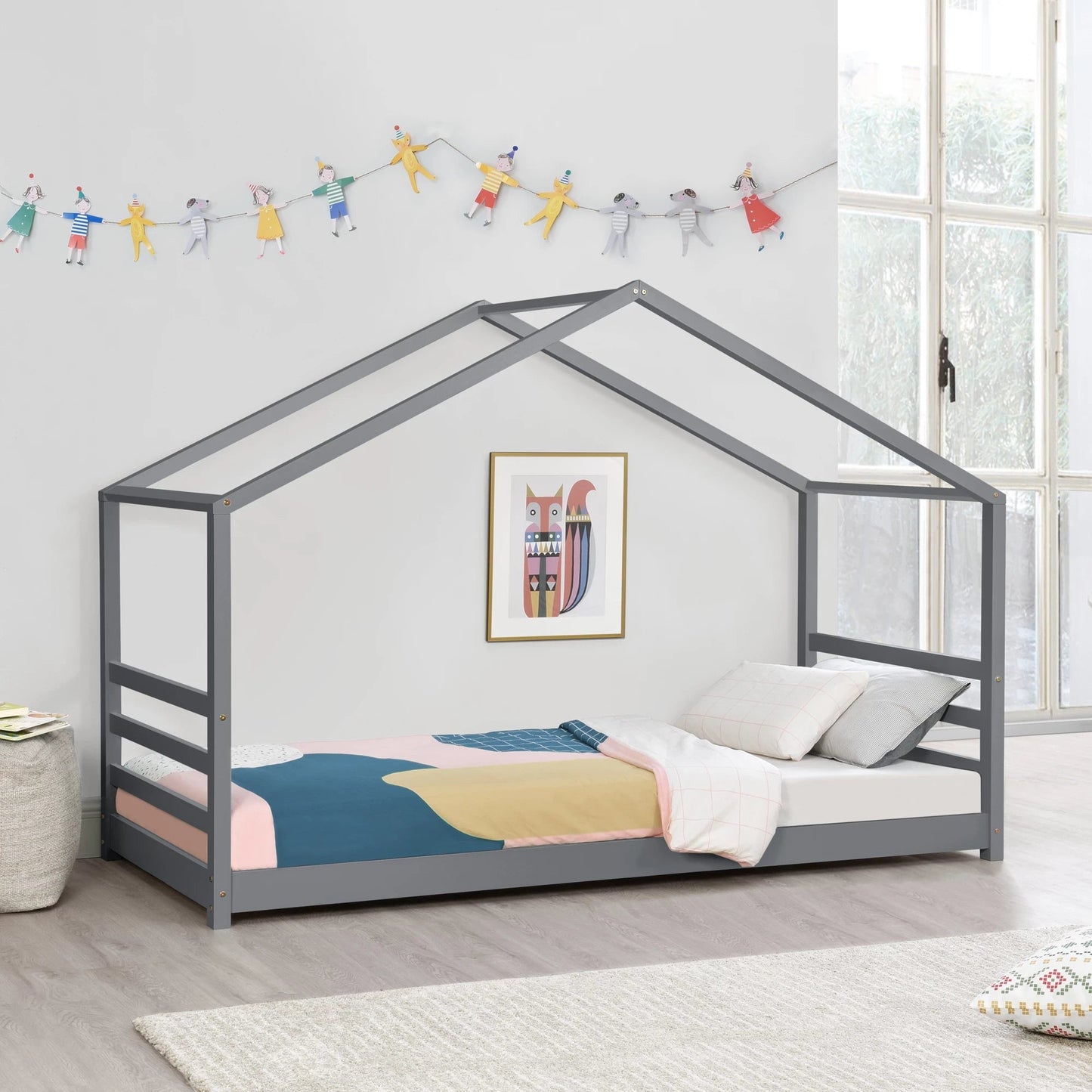 In And OutdoorMatch Kinderbed Jay - Huisbed - Met bedbodem - 90x200cm - Voor meisjes - Voor jongens - Voor kinderen - Donkergrijs Kinder bedden