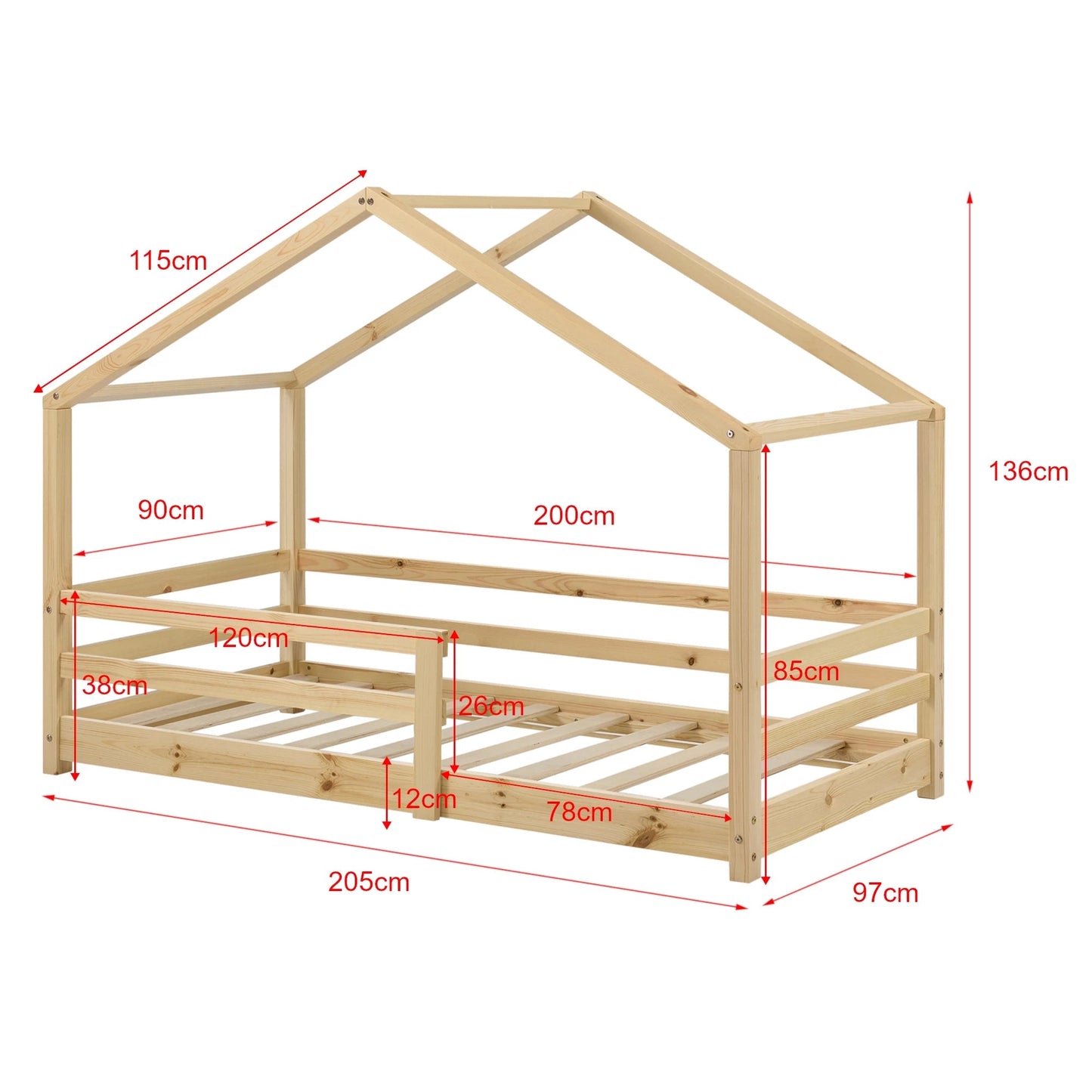 In And OutdoorMatch Kinderbed Leopoldo - Huisbed - Met Valbeveiliging - 90x200 - Houtkleurig - Grenen - Voor meisjes - Voor jongens - Voor kinderen Kinder bedden