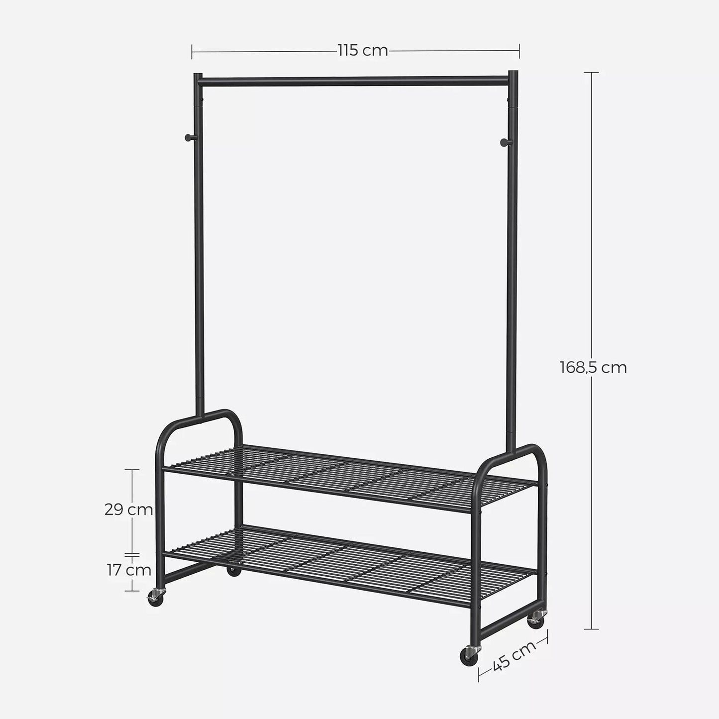 In And OutdoorMatch Kledingrek met schoenenrek Wava - Met 1 stang en 2 planken - Garderoberek - Metalen Kledingkast - Zwart - 168cm kledinghanger