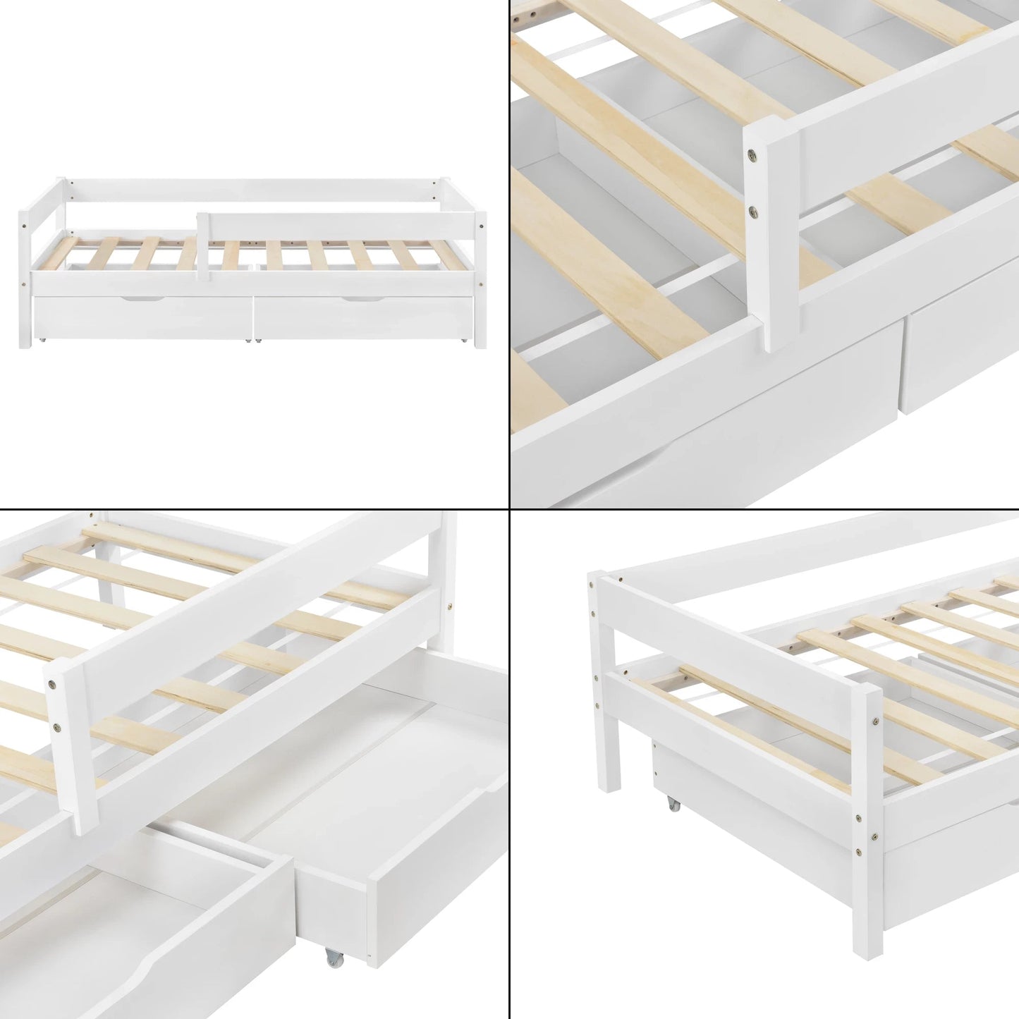 In And OutdoorMatch Ledikantbed Jazmyne - Met valbeveiliging - En 2 Laden - 90x200 cm - Wit - Sparrenhout en Spaanplaat - Voor meisjes - Voor jongens Eén persoon slapen