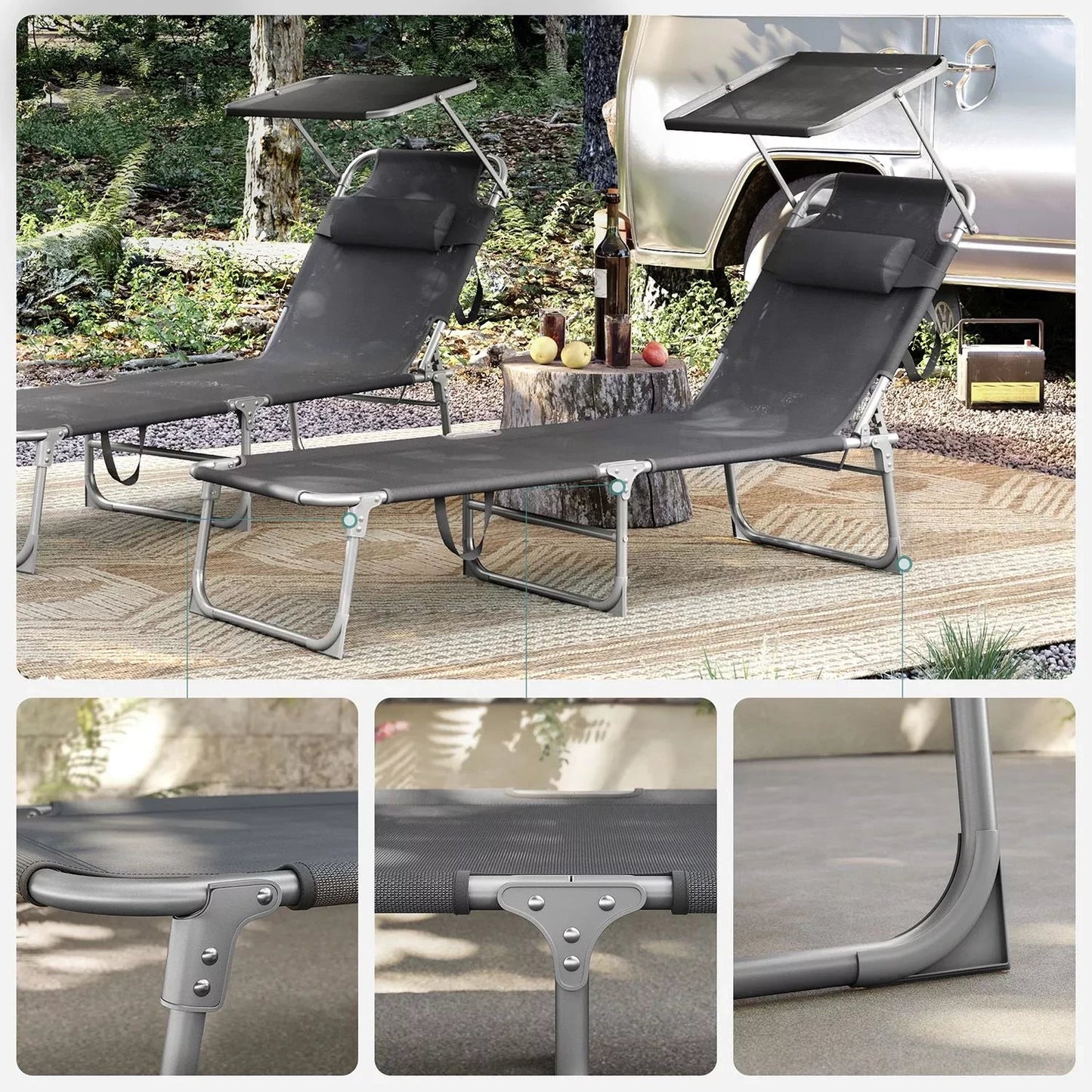 In And OutdoorMatch Ligbed Brice Bethany - Zonnebank - Met parasol - Ligbed tuin - Loungebank - Zwart - 193x55x30cm Lounge stoel