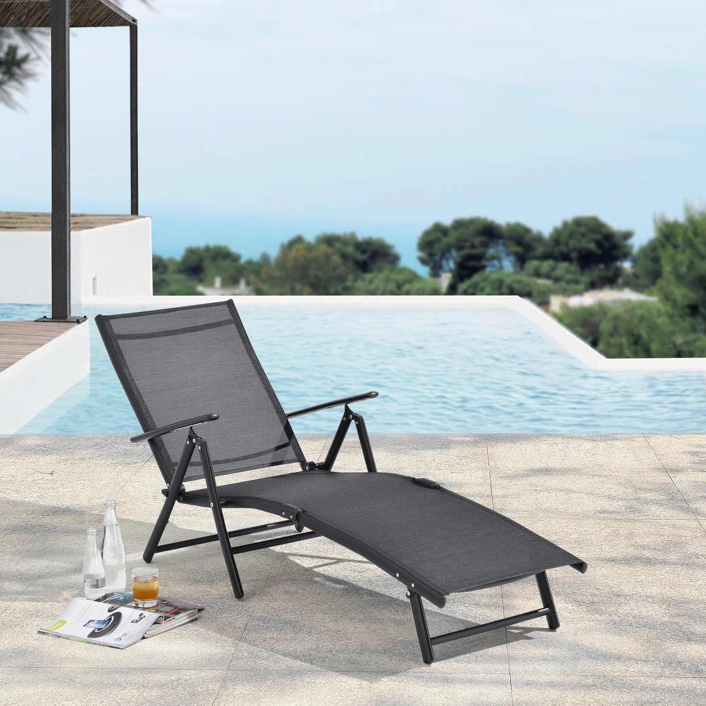 In And OutdoorMatch Ligbed Freddie - Zonnebed - 150x65x86 cm - Zwart - Aluminium en Stof Lounge stoel