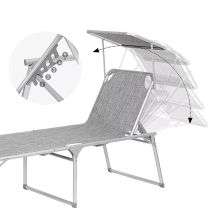 In And OutdoorMatch Ligstoel Lloyd - Zonnebed - Met zonnescherm - Ligbed tuin - Grijs - Loungebank - 200x65x48cm Lounge stoel