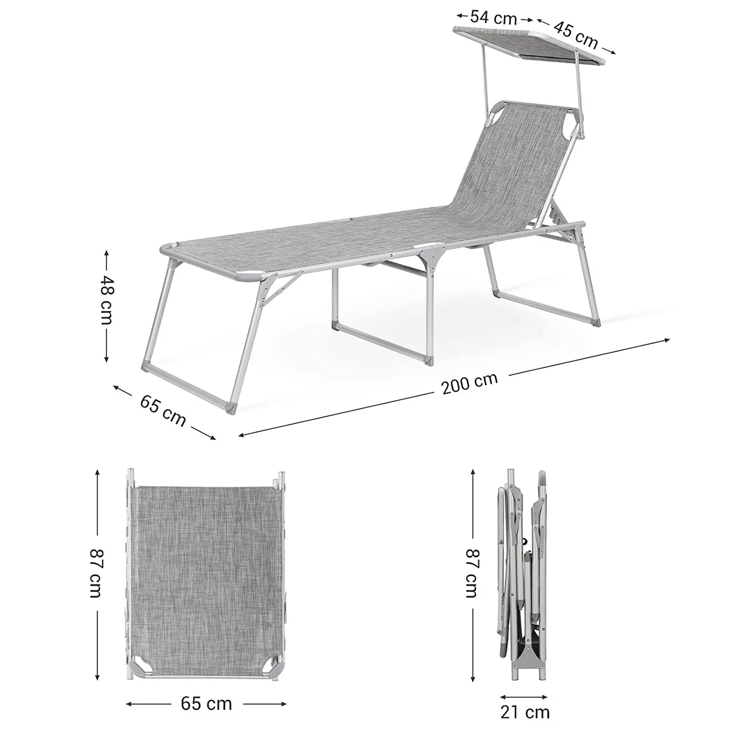 In And OutdoorMatch Ligstoel Lloyd - Zonnebed - Met zonnescherm - Ligbed tuin - Grijs - Loungebank - 200x65x48cm Lounge stoel