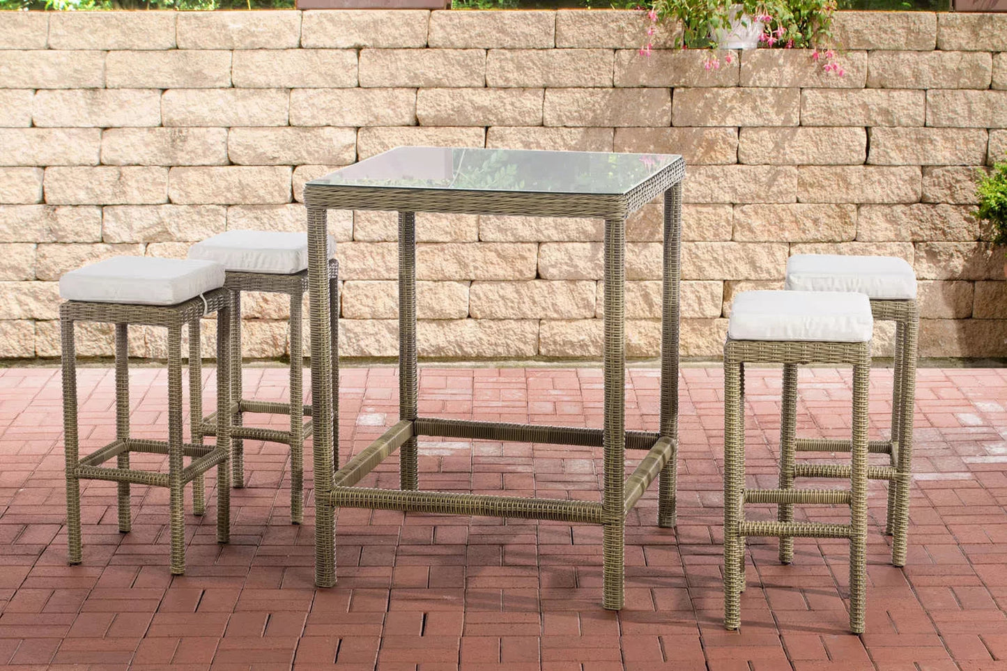 In And OutdoorMatch Luxe Bartafel Luke met stoelen - Creme/wit - Tuinmeubelen - Rotan - Set van 4 barkrukken - Tuinbar - Binnen en buiten - Weerbestendig - 4 personen Garden set