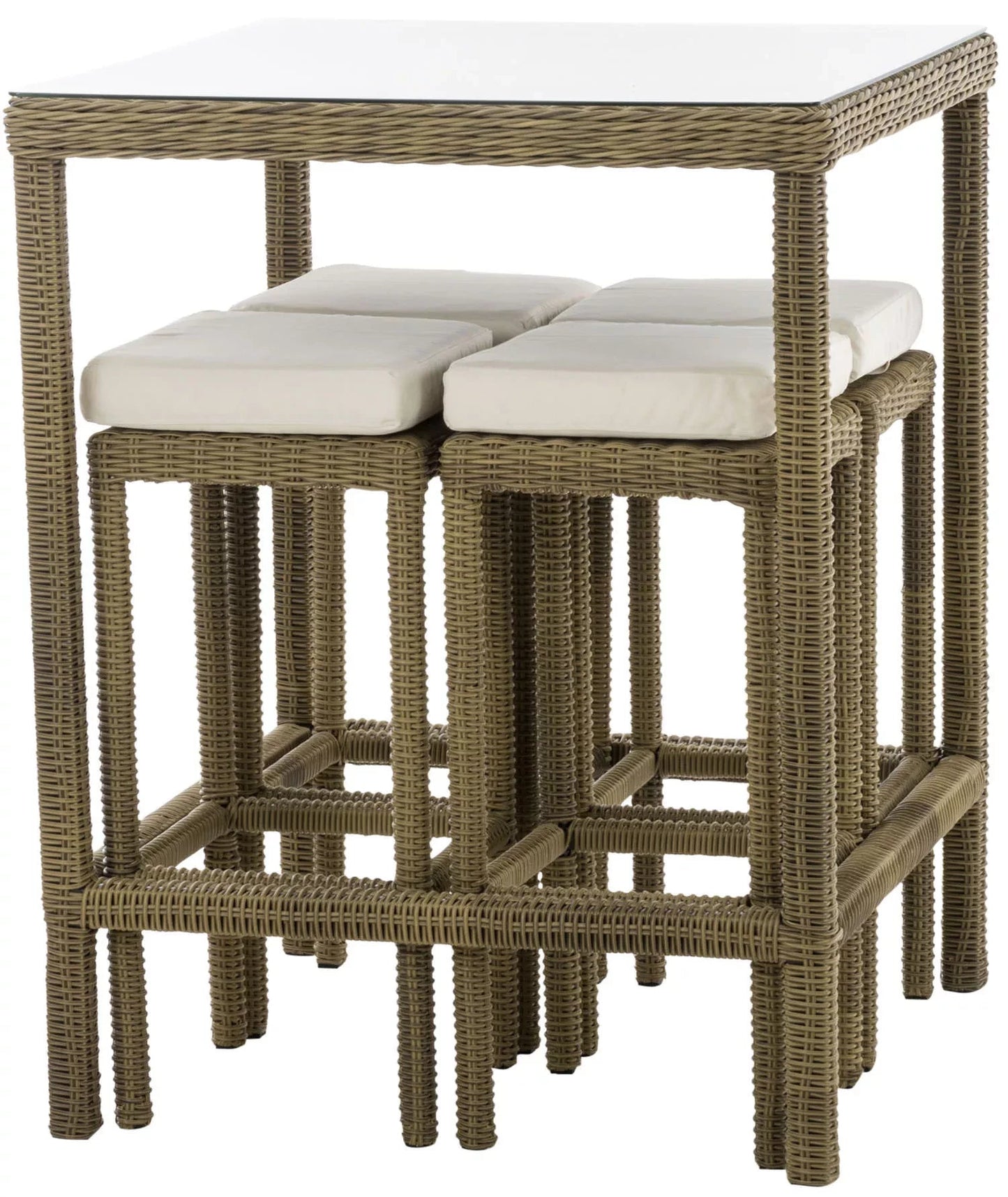 In And OutdoorMatch Luxe Bartafel Luke met stoelen - Creme/wit - Tuinmeubelen - Rotan - Set van 4 barkrukken - Tuinbar - Binnen en buiten - Weerbestendig - 4 personen Garden set