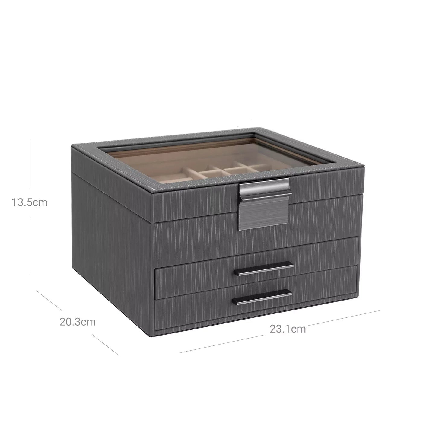 In And OutdoorMatch Luxe Sieradendoos met Glazen deksel Melany - Grijs - Sieradendoos - 3 Tier - 23,1x30,5x13,5 cm - Sieradendoos dames - Sieradendoos - Sieradendoos meisjes - Sieradenhouder - Sieradendoos voor volwassenen Jewerley-doos