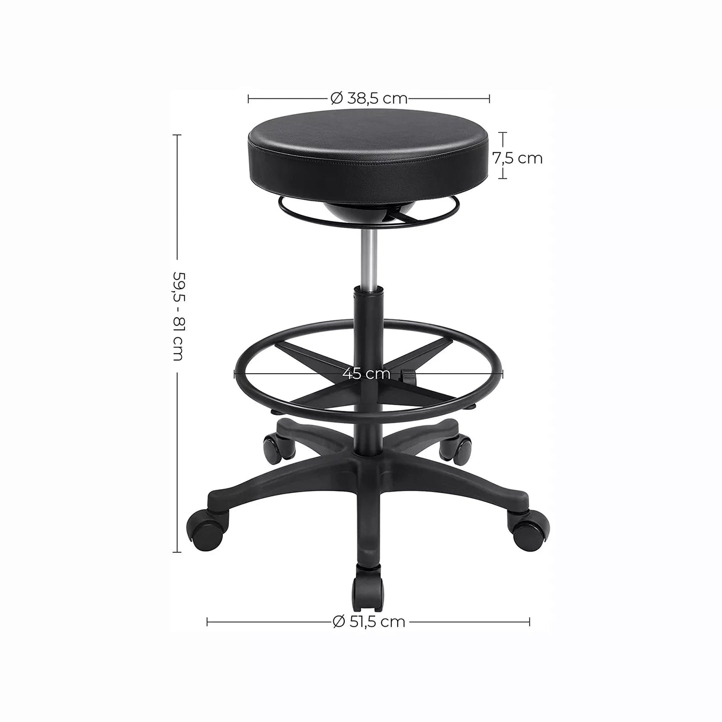 In And OutdoorMatch Luxe Werkkruk Peyton - Zwart - Op wielen - Bureaustoel - In hoogte verstelbaar 59,5-81 cm - kunstleer stool