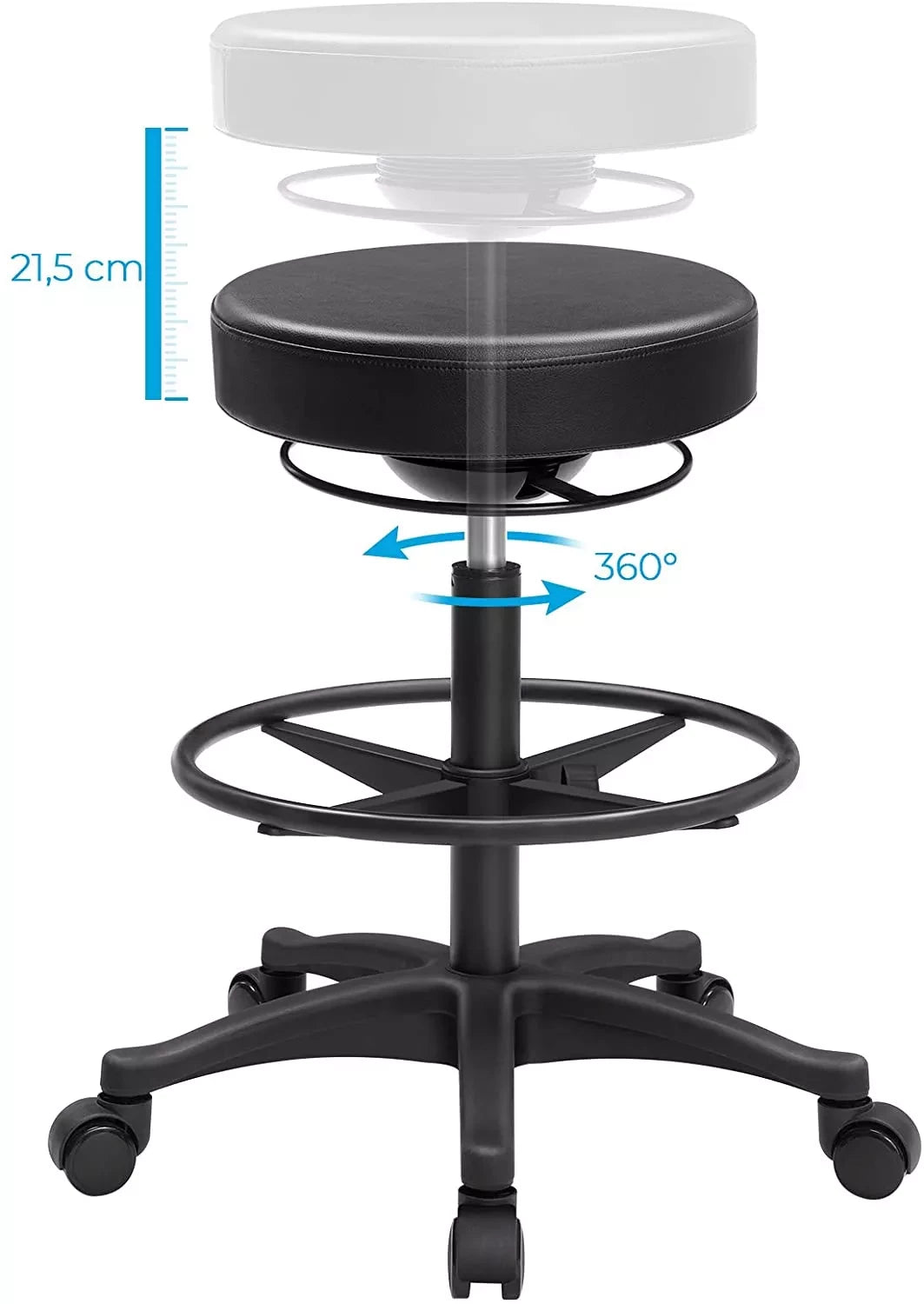 In And OutdoorMatch Luxe Werkkruk Peyton - Zwart - Op wielen - Bureaustoel - In hoogte verstelbaar 59,5-81 cm - kunstleer stool