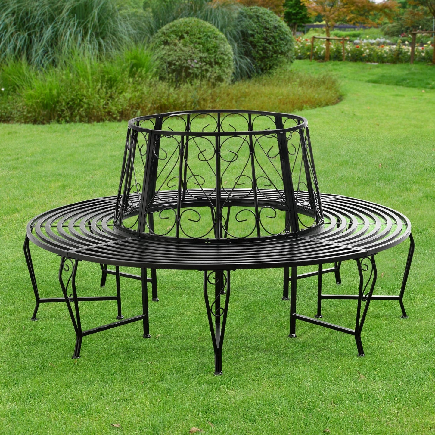 In And OutdoorMatch Metalen Boombank Penelope - Ø160x84 cm - Rond - Zwart - Staal - Weerbestendig Garden Bench