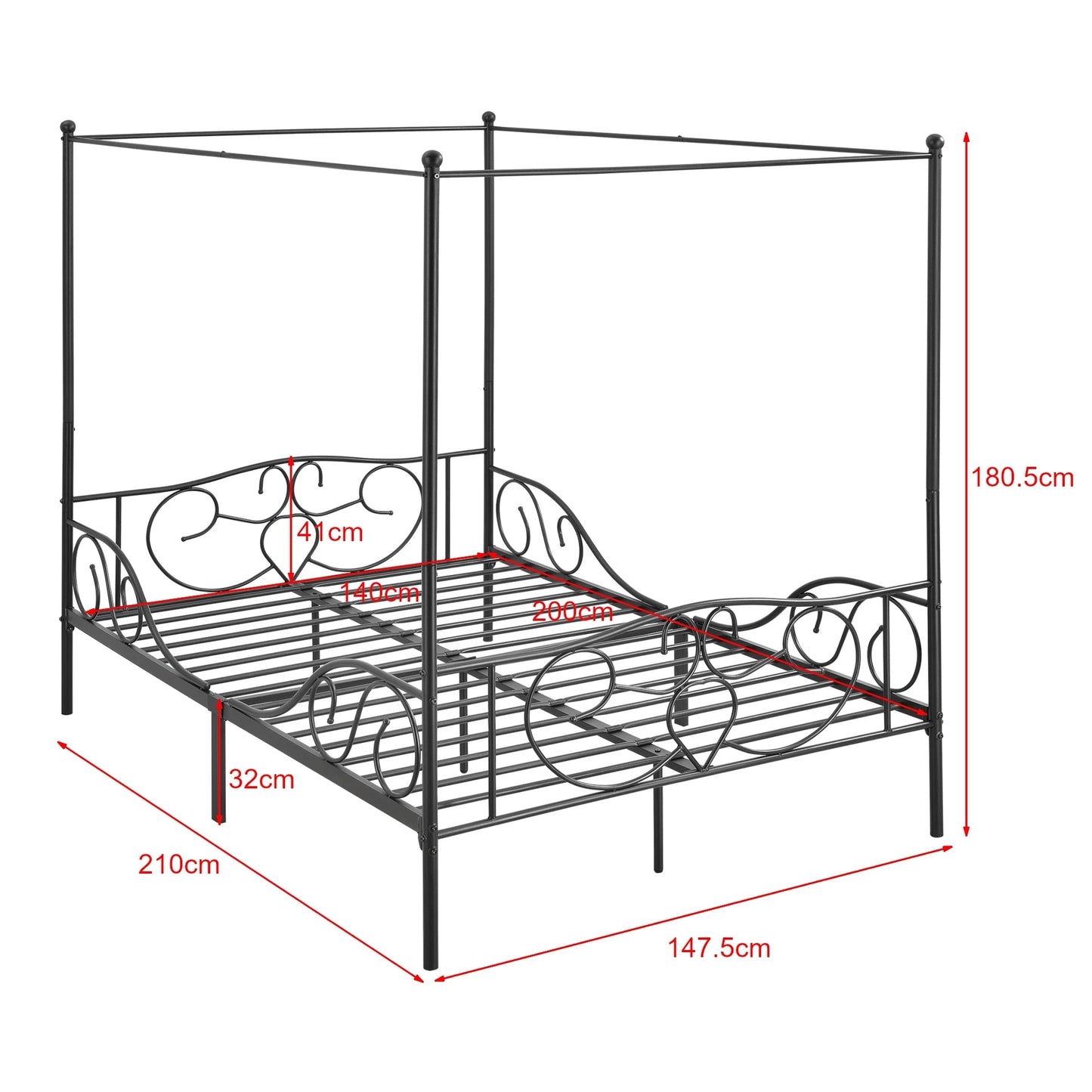 In And OutdoorMatch Metalen Hemelbed Dino - Met Bedbodem en Matras - 140x200 cm - Zwart - Stabiel Frame - Minimalistisch Design Eén persoon slapen