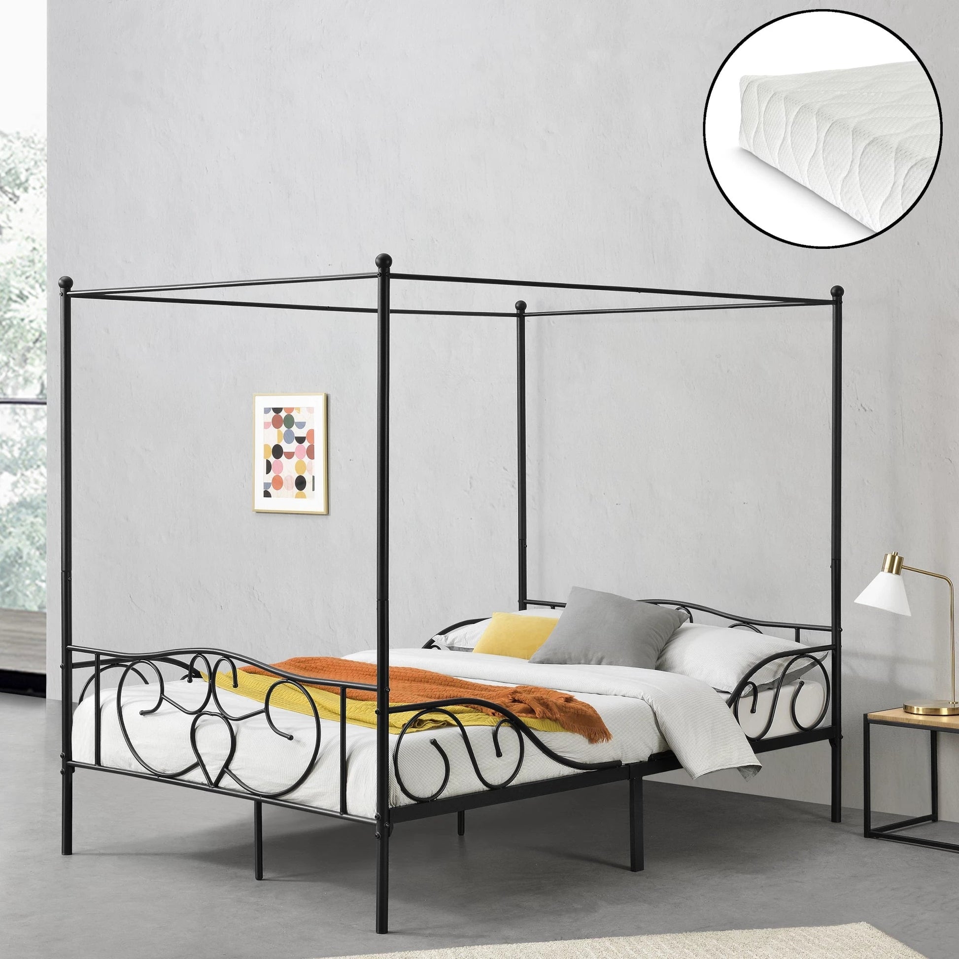 In And OutdoorMatch Metalen Hemelbed Dino - Met Bedbodem en Matras - 140x200 cm - Zwart - Stabiel Frame - Minimalistisch Design Eén persoon slapen