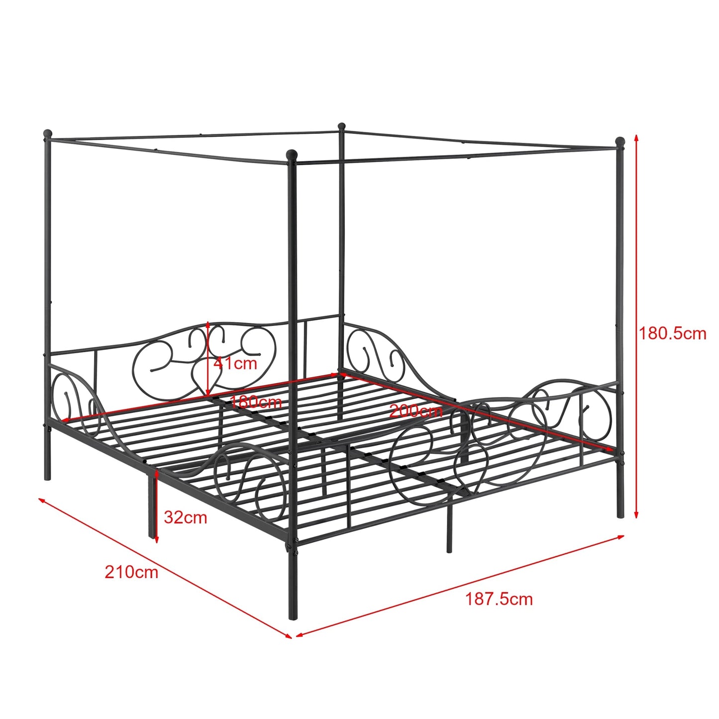 In And OutdoorMatch Metalen Hemelbed Ima - Met Bedbodem - 180x200 cm - Zwart - Stabiel Frame - Minimalistisch Design bed twee personen