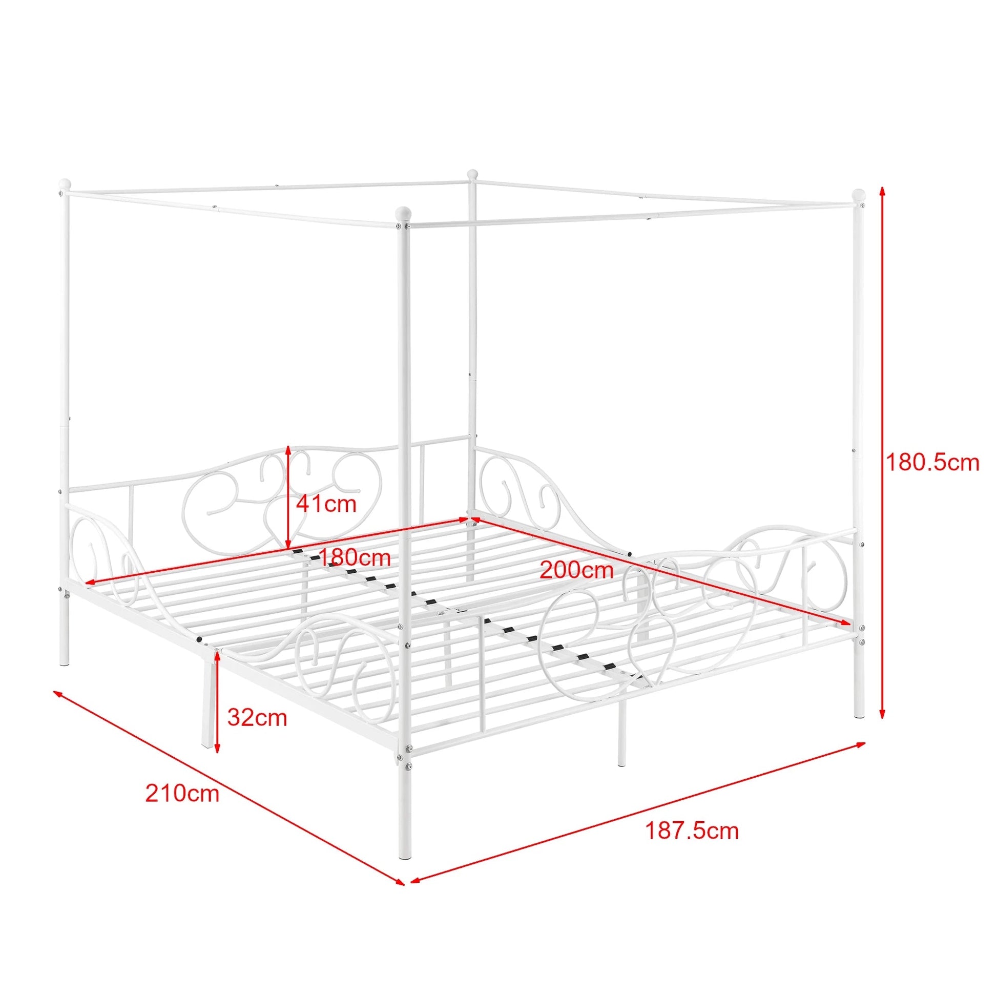 In And OutdoorMatch Metalen hemelbed Aiyana - met bedbodem en matras - 180x200 cm - wit - stabiel frame - minimalistisch design bed twee personen